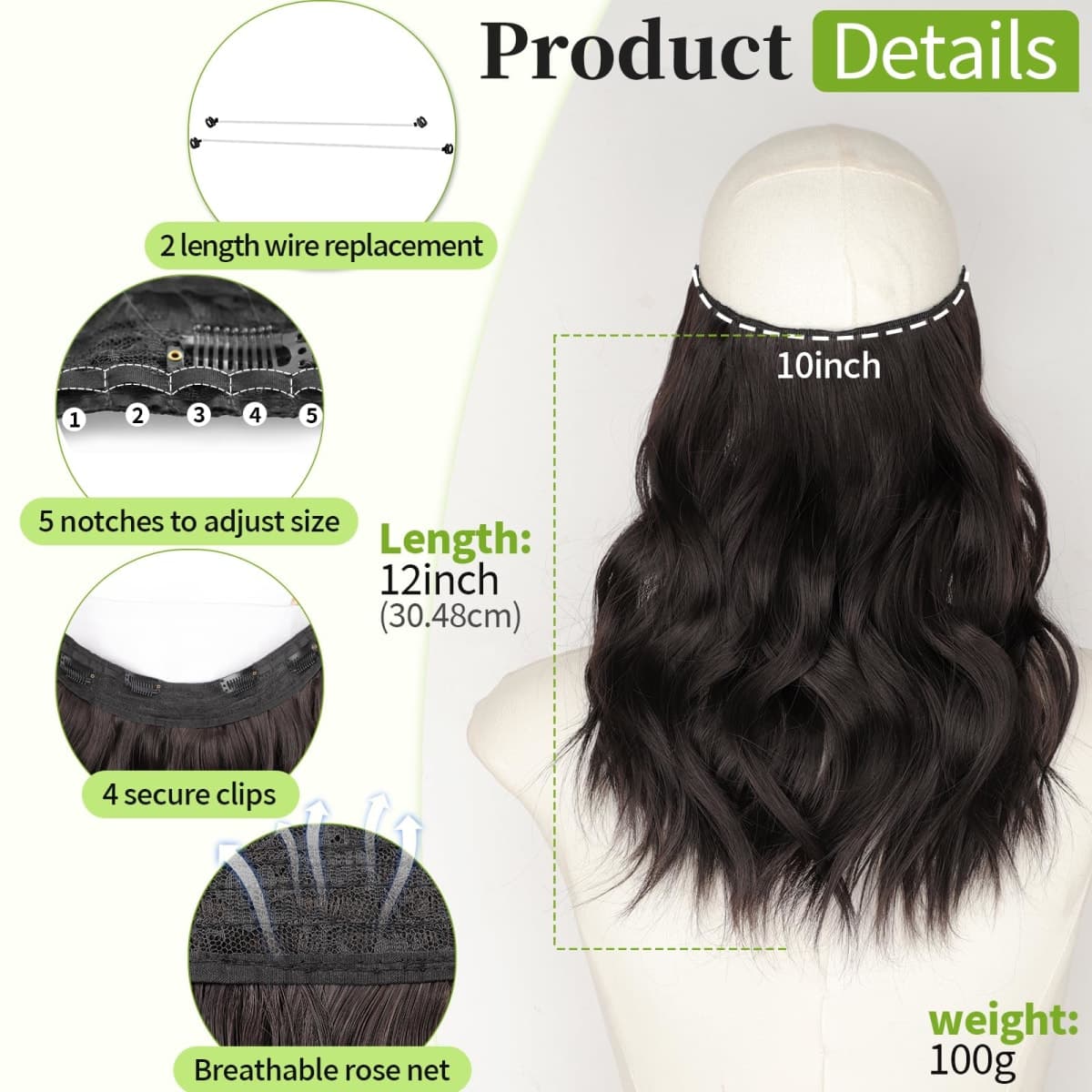 KooKaStyle Wavy Invisible Wire & Clip In Hair Extensions Dark Brown/6# 12" thumbnail 2