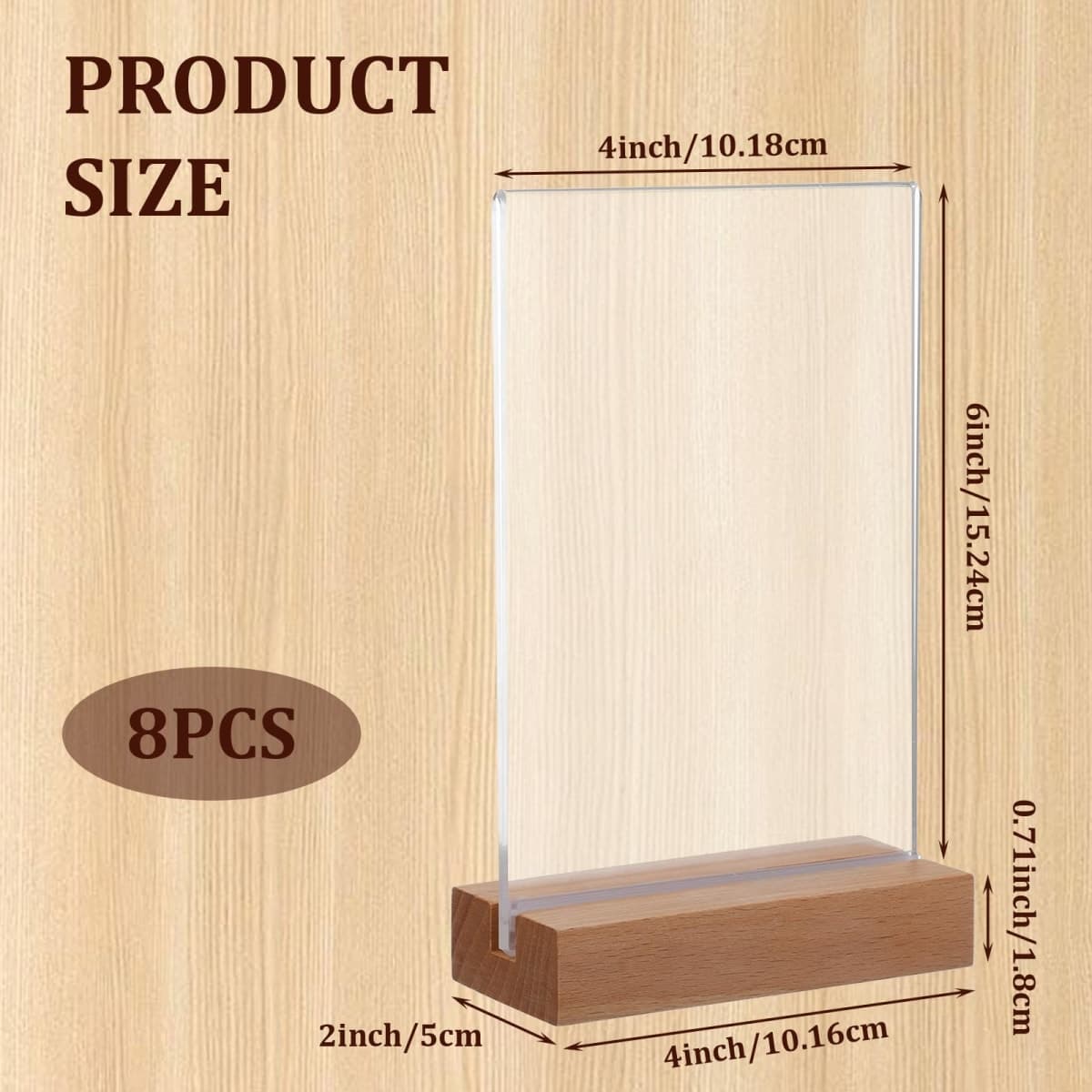 8 Pack Clear Acrylic Sign with Wood Base T Shape Sign Holder Vertical Acrylic Blank Stands Desktop Display Plastic Menu Frames Double Sided Flyer Stand for Wedding Restaurant Party Decoration thumbnail 2