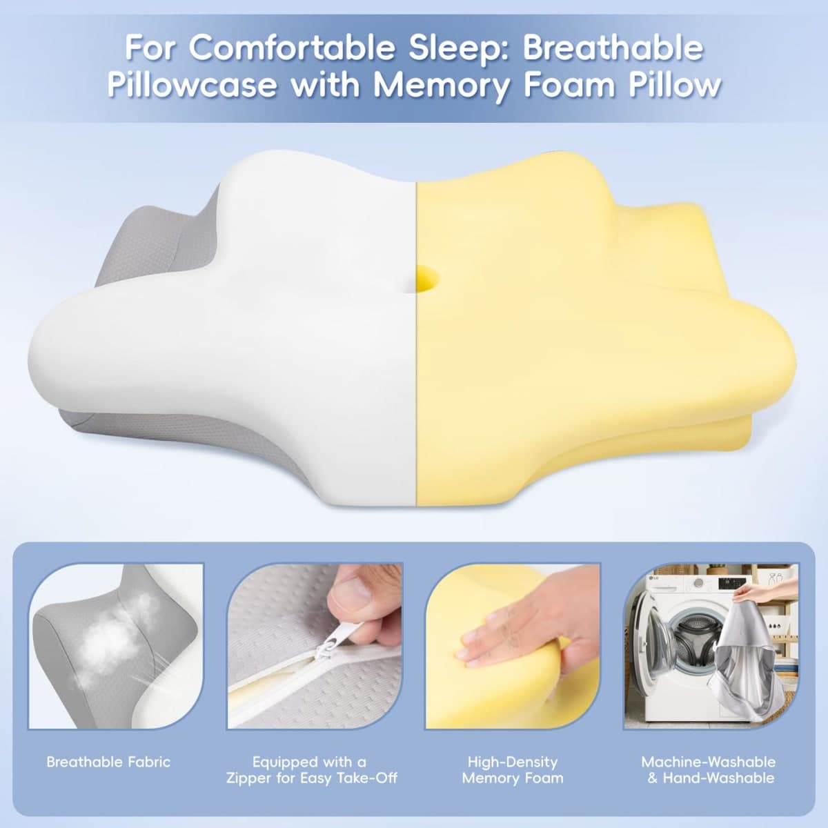 PAYHUIN Cervical Neck Pillow, Memory Foam Pillows for Neck and Shoulder Pain Relief, 2 Heights Ergonomic Pillow with Breathable Ice Silk Cover, Neck Support Pillow for Side Sleepers, White thumbnail 5