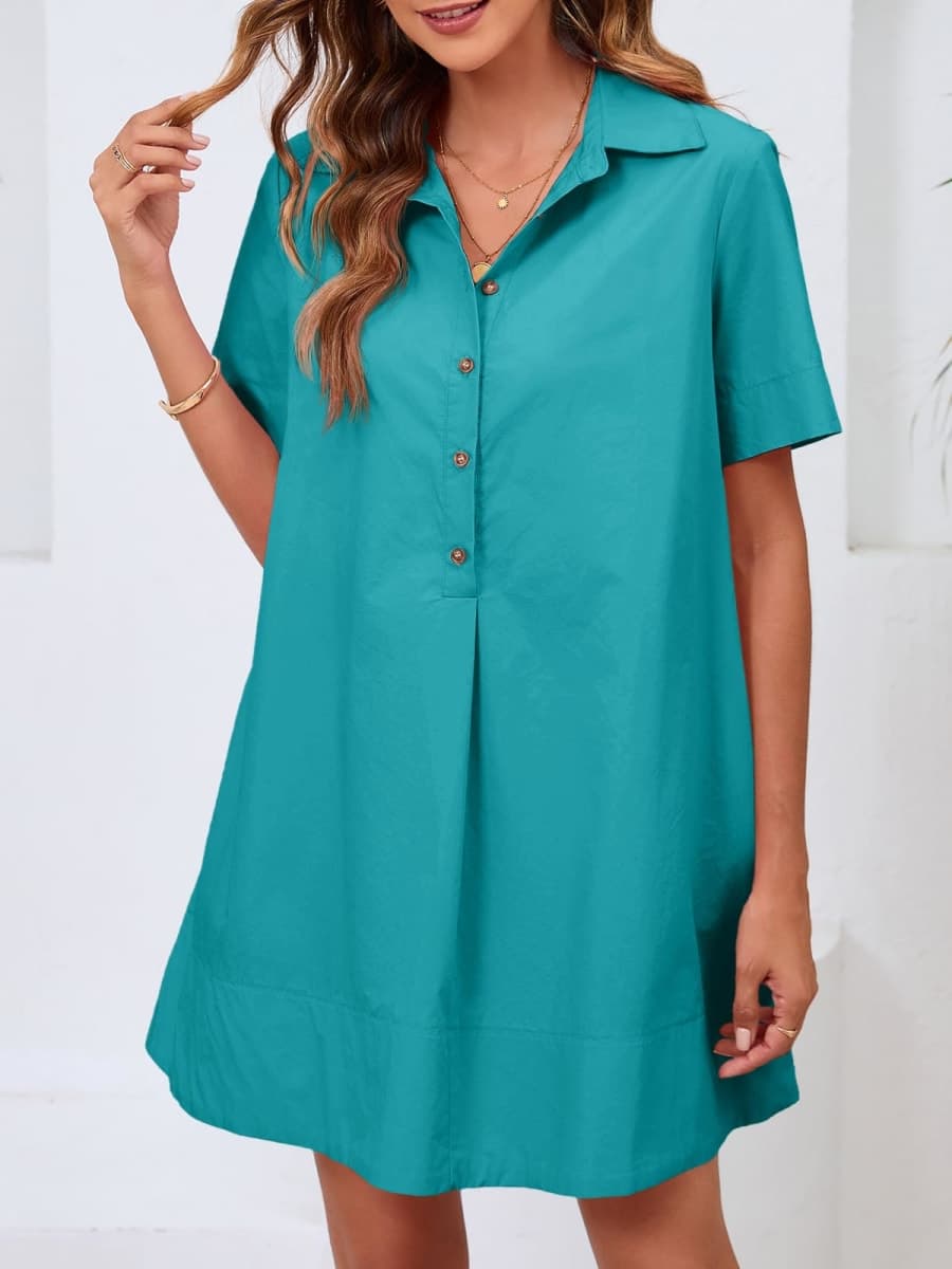 Wenrine Womens Button Down Shirt Dress Oversized Casual Short Sleeve Collared V Neck Summer Mini Dresses, Lake Blue, Medium thumbnail 2