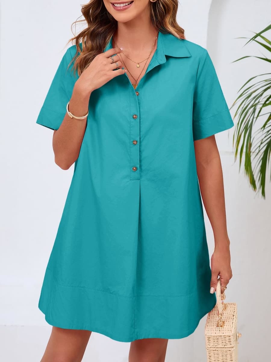 Wenrine Womens Button Down Shirt Dress Oversized Casual Short Sleeve Collared V Neck Summer Mini Dresses, Lake Blue, Medium thumbnail 3