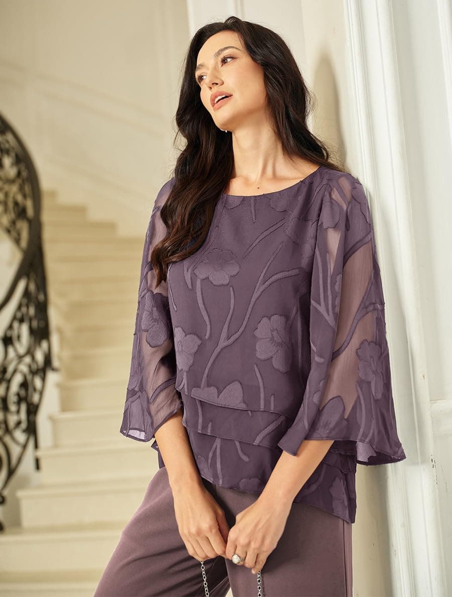Lace Blouses for Women Dressy Casual Flutter 3/4 Length Sleeve Chiffon Top Round Neck Floral Elegant Business Work Shirt, Light Purple, Large thumbnail 2