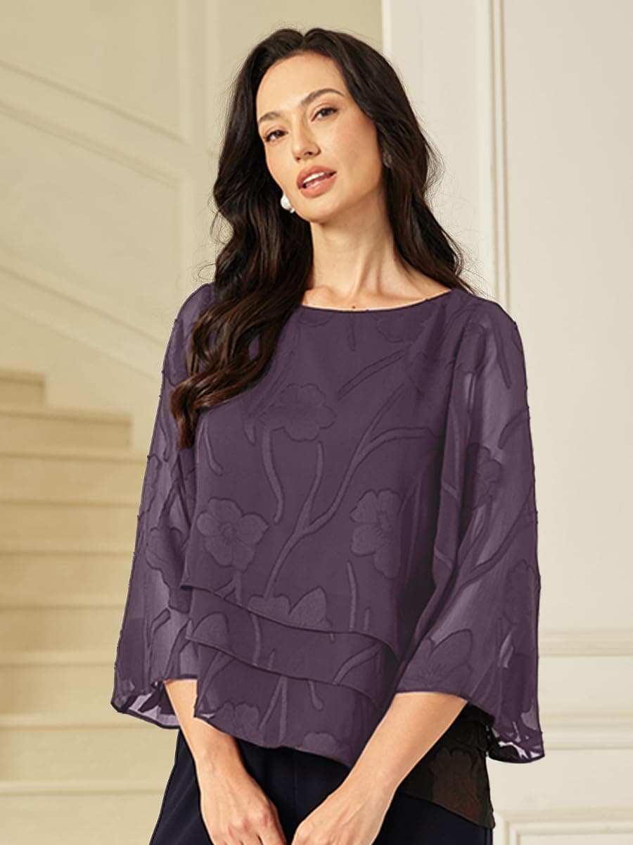 Lace Blouses for Women Dressy Casual Flutter 3/4 Length Sleeve Chiffon Top Round Neck Floral Elegant Business Work Shirt, Light Purple, Large thumbnail 3