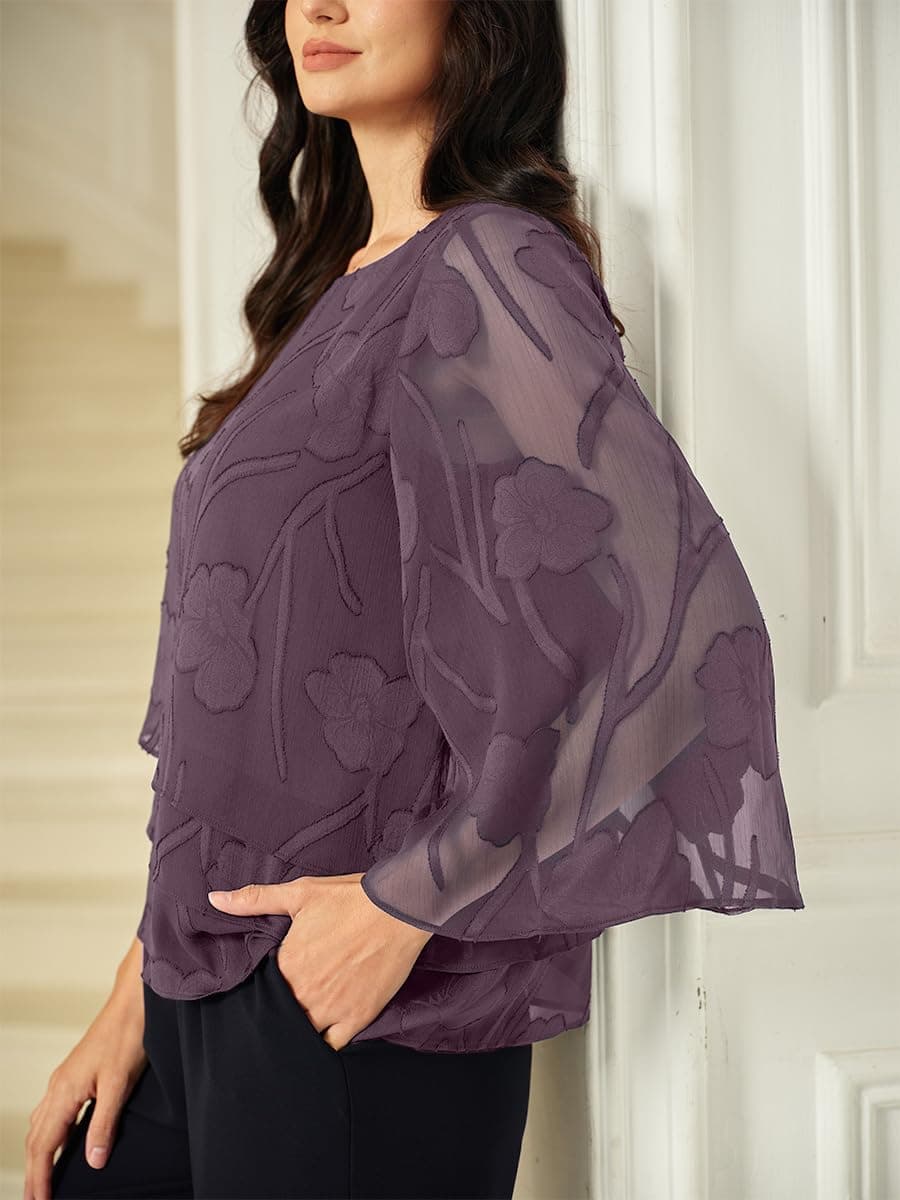 Lace Blouses for Women Dressy Casual Flutter 3/4 Length Sleeve Chiffon Top Round Neck Floral Elegant Business Work Shirt, Light Purple, Large thumbnail 5