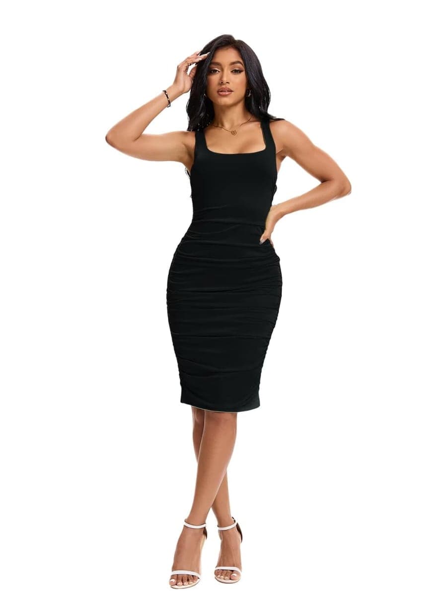 Hoibmasp Women Sexy Tank Dress Bodycon Ruched Sleeveless Solid Color Midi Dress, White, Large thumbnail 2