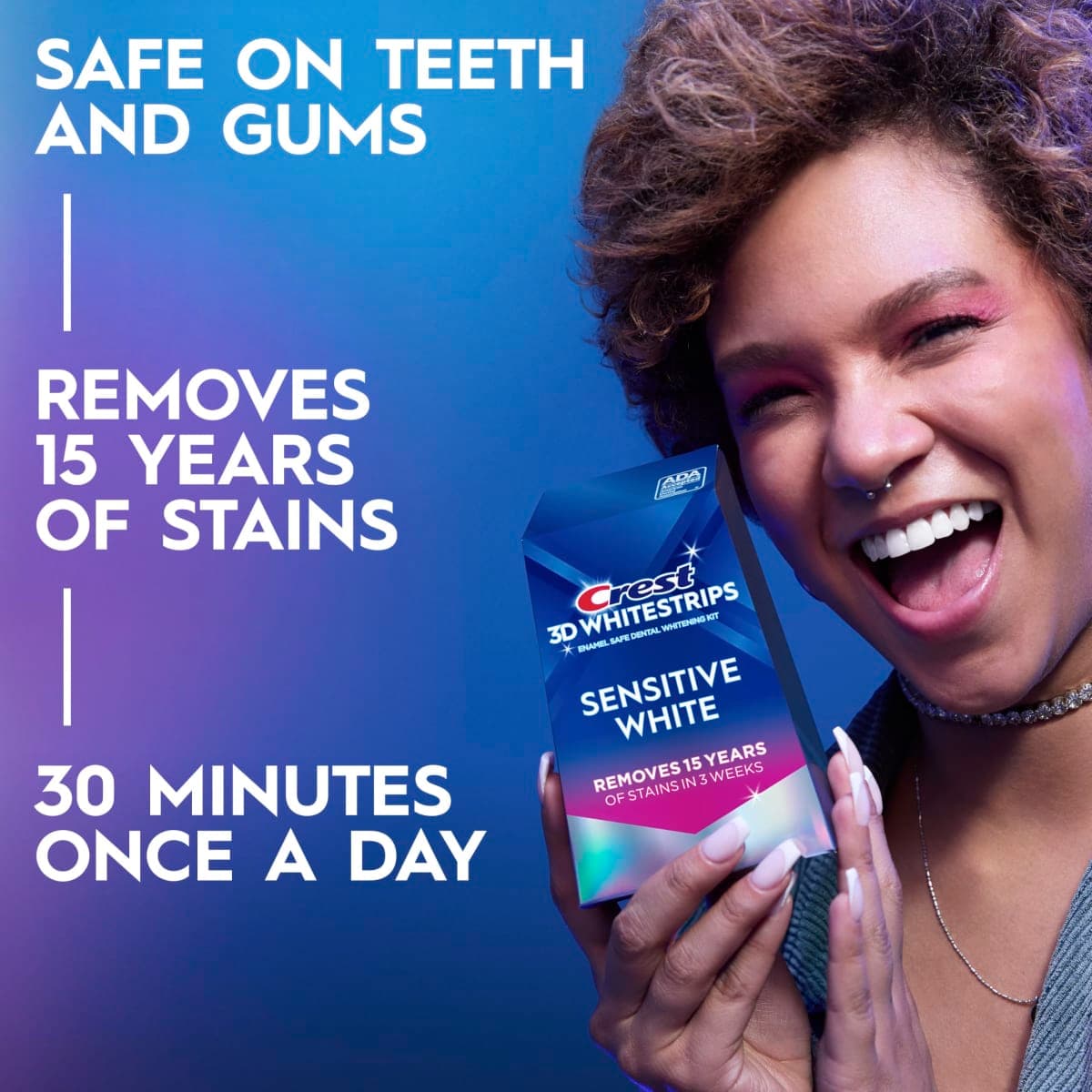 Crest 3DWhitestrips Sensitive White At-Home Teeth Whitening Kit, 18 Treatments, Gently Removes 15 Years of Stains thumbnail 2