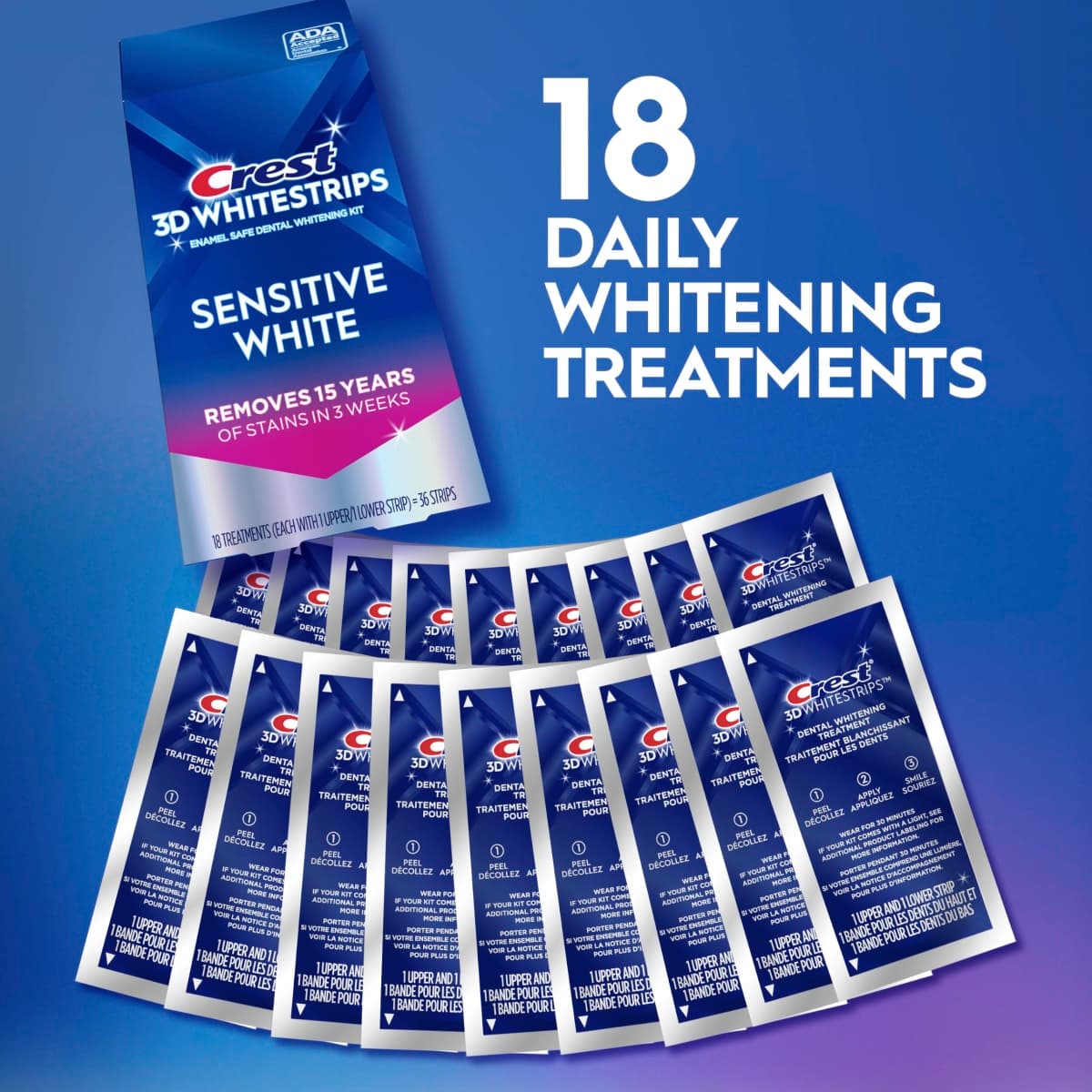 Crest 3DWhitestrips Sensitive White At-Home Teeth Whitening Kit, 18 Treatments, Gently Removes 15 Years of Stains thumbnail 3
