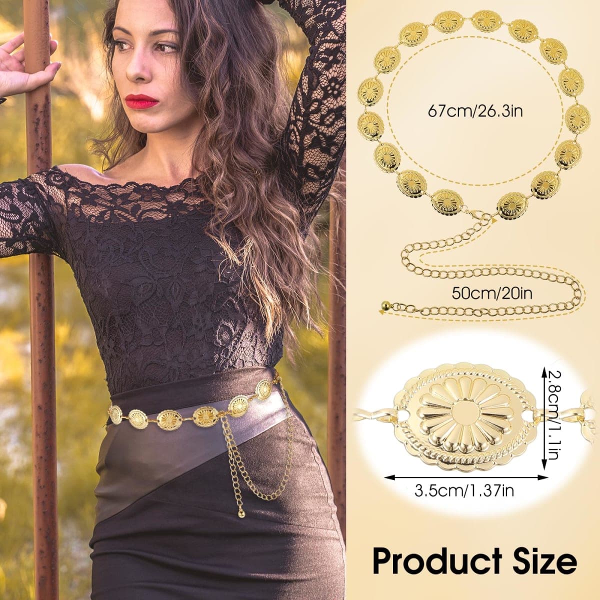 Prasacco Western Belts for Woman Chain Belt Concho Belt Gold Waist Chain Cowgirl Belt Waist Belt Country Belt Boho Belt for Dress Jeans, Gold, One Size thumbnail 2