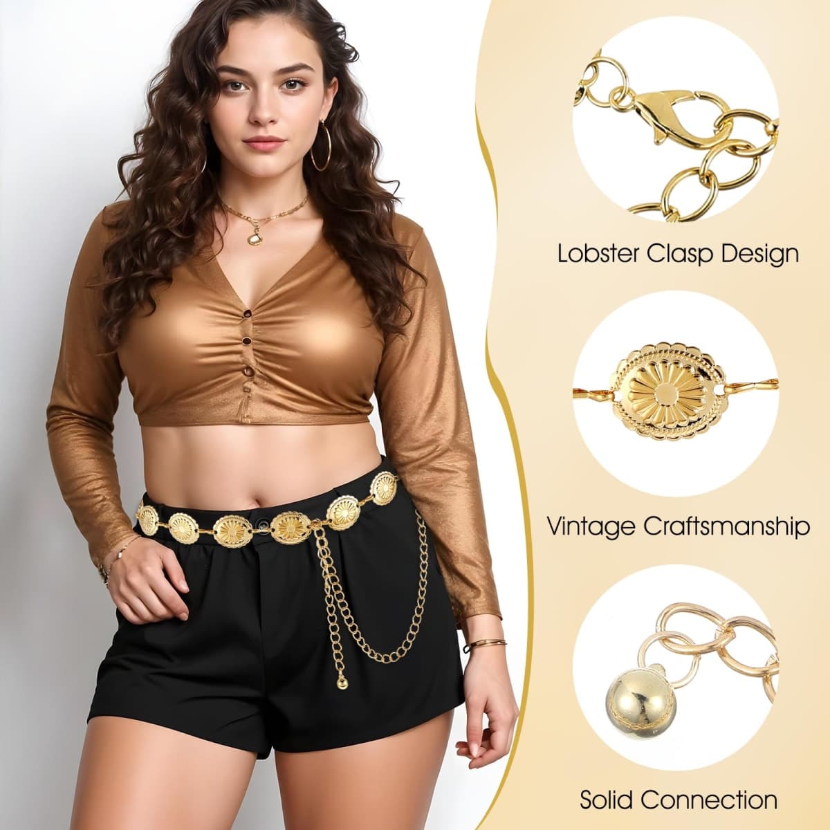 Prasacco Western Belts for Woman Chain Belt Concho Belt Gold Waist Chain Cowgirl Belt Waist Belt Country Belt Boho Belt for Dress Jeans, Gold, One Size thumbnail 3
