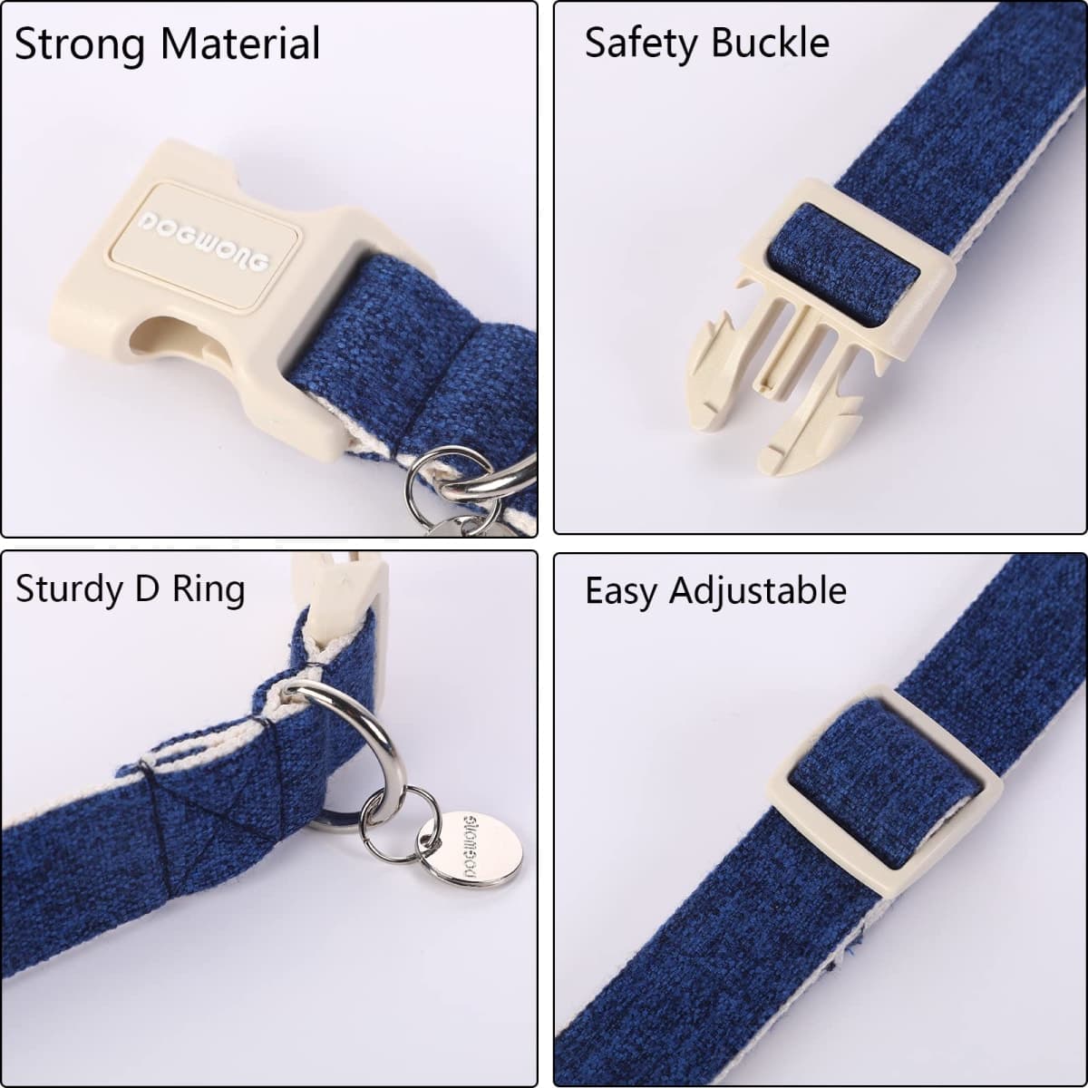 DOGWONG Cotton Hemp Dog Collar, Heavy-Duty Blue Dog Collar Adjustable Soft Natural Fabric Cute Wedding Puppy Necklace for Small Medium Large Dogs thumbnail 2