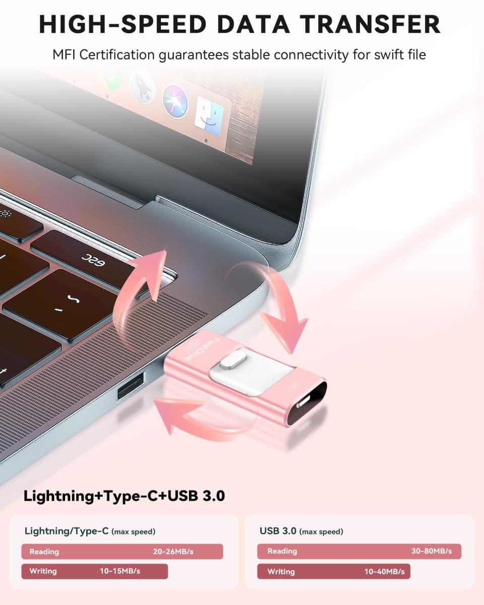 ROSPE MFi Certified 256GB iPhone Flash Drive, Photo Stick Memory Stick for iPhone iPad, USB Thumb Drive for Photos Videos Transfer & Backup, External Storage Compatible for iPhone/Android/PC/Mac (Red) thumbnail 5