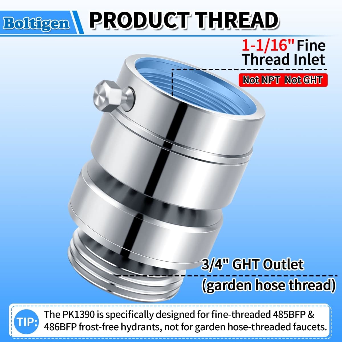 PK1390 No Lead Brass Hose Bib Vacuum Breaker, 1-1/16" Female Fine Thread Self-Draining Breaker for Healthy Portable Water (NOT fit 3/4" GHT Bibcock) thumbnail 2