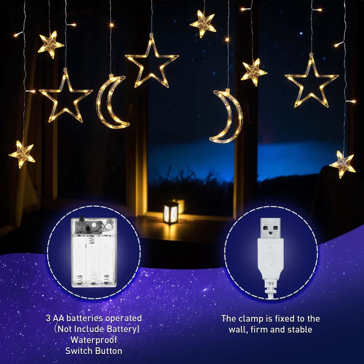 Riakrum 11.48 ft 21 LED Star and Moon String Lights Plug in Christmas Warm White Fairy Light Waterproof Decor for Bedroom USB Powered LED Curtain Light with USB Battery Box Cable Clip Wedding Party thumbnail 2