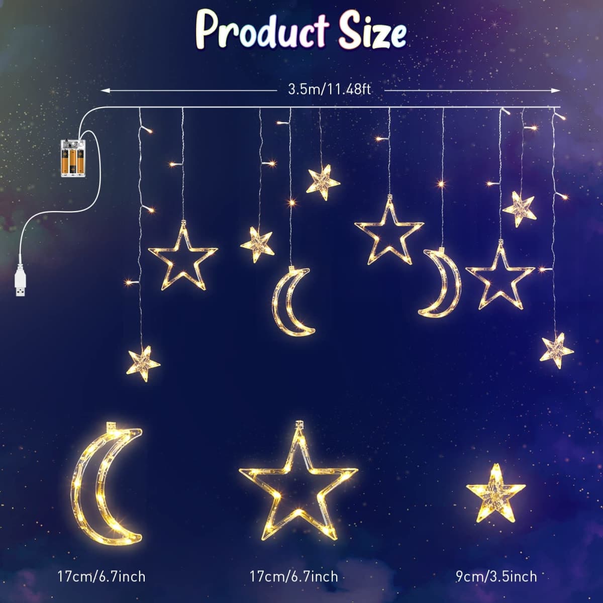 Riakrum 11.48 ft 21 LED Star and Moon String Lights Plug in Christmas Warm White Fairy Light Waterproof Decor for Bedroom USB Powered LED Curtain Light with USB Battery Box Cable Clip Wedding Party thumbnail 3