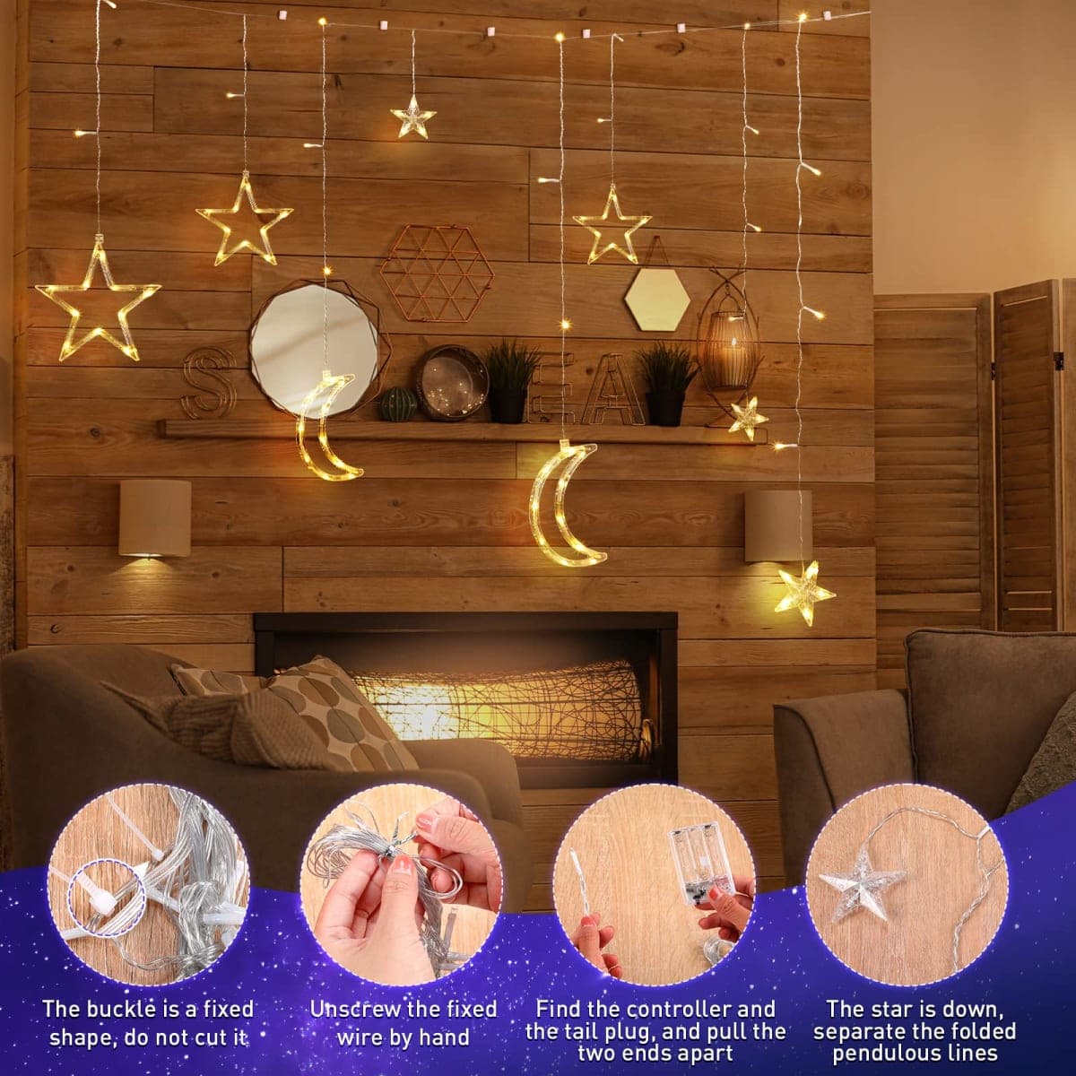 Riakrum 11.48 ft 21 LED Star and Moon String Lights Plug in Christmas Warm White Fairy Light Waterproof Decor for Bedroom USB Powered LED Curtain Light with USB Battery Box Cable Clip Wedding Party thumbnail 4