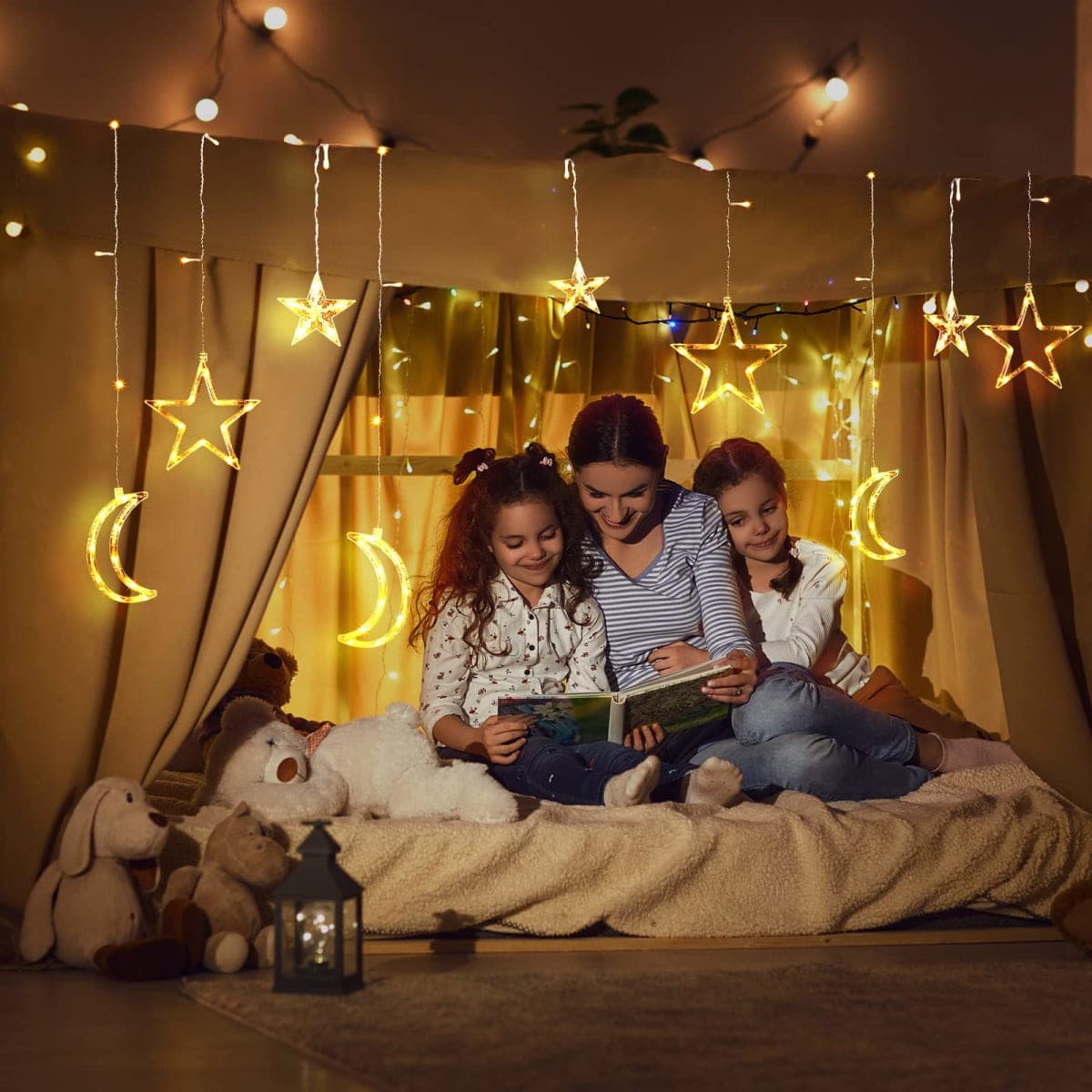 Riakrum 11.48 ft 21 LED Star and Moon String Lights Plug in Christmas Warm White Fairy Light Waterproof Decor for Bedroom USB Powered LED Curtain Light with USB Battery Box Cable Clip Wedding Party thumbnail 5