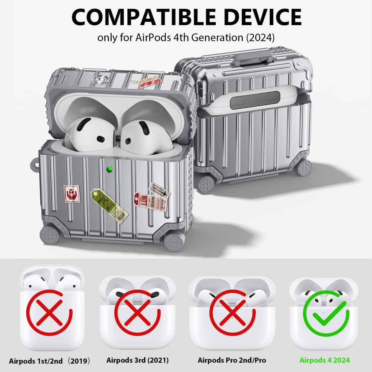 KOREDA Compatible with AirPods 4 Case Cover, Funny Suitcase Design Case for Airpods 4th Generation 2024, Cute Fashion Protective Hard Case with Cleaner Kit & Keychain (Silver) thumbnail 2