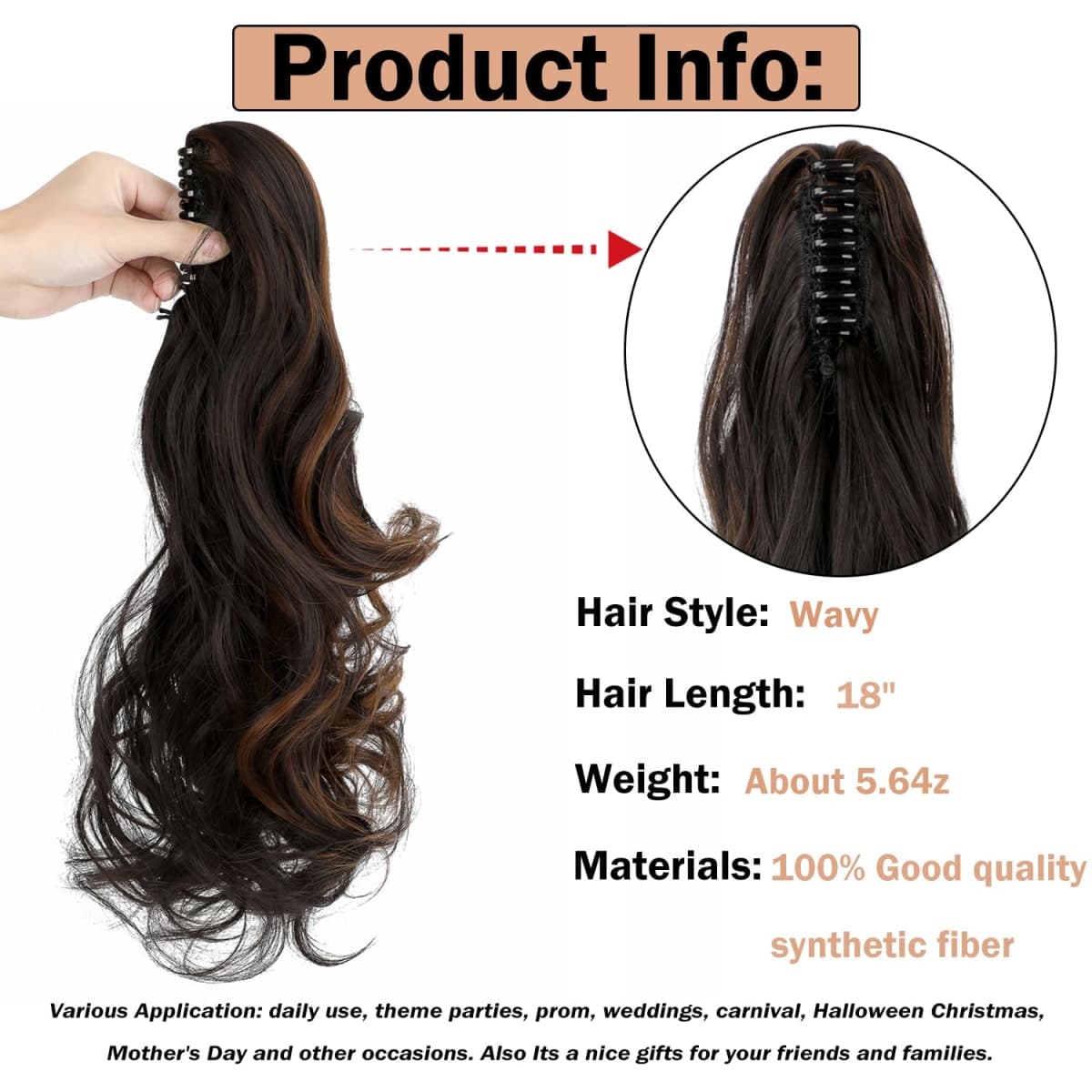 Mitrygreen Claw Clip Ponytail Extension 18" Clip in Wavy Ponytail Hair extensions Long Pony Tails for Women Extensions Dark Brown Mix Light Auburn Wave Hairpiece thumbnail 2