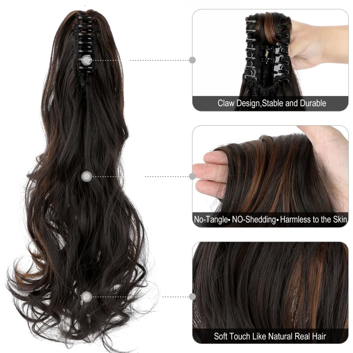 Mitrygreen Claw Clip Ponytail Extension 18" Clip in Wavy Ponytail Hair extensions Long Pony Tails for Women Extensions Dark Brown Mix Light Auburn Wave Hairpiece thumbnail 3