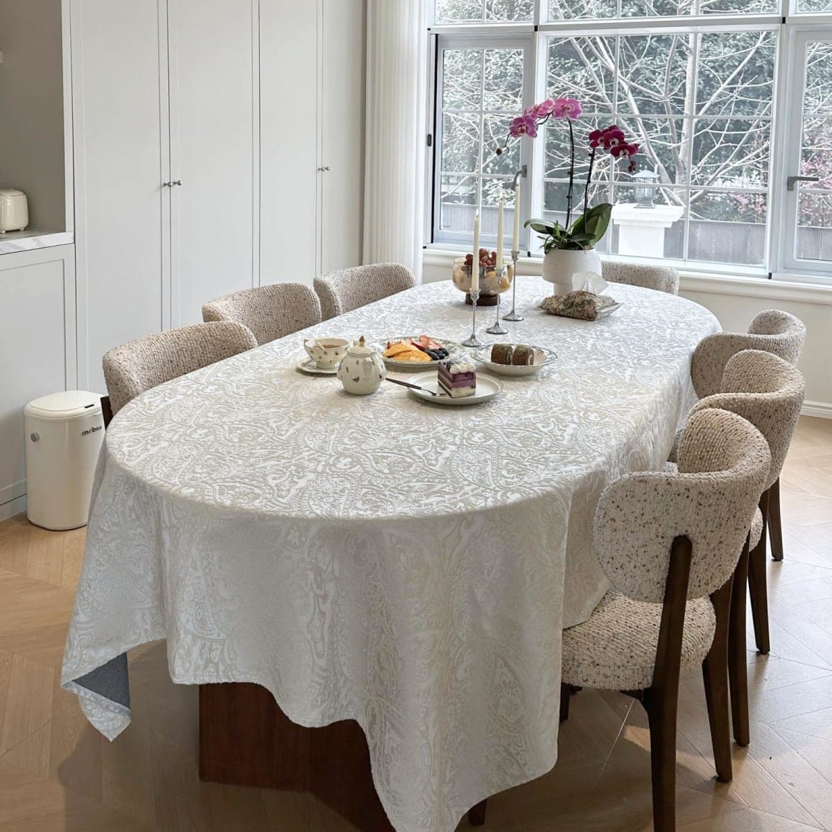 ZIWUROAD Jacquard Tablecloth, French Waterproof Washable Table Cloth, Luxurious Soft Table Cover for Dining Party Wedding Baby Shower Kitchen (Rectangle/Oblong, 120''x60'', Milky White) thumbnail 5