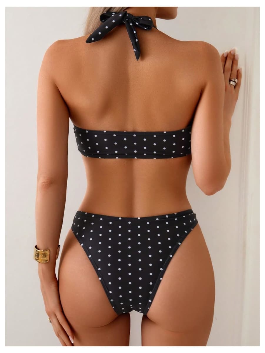 Milumia Women's Polka Dots Halter Bikini Sets Triangle Tie 2 Piece Swimsuit, Black and White, Medium thumbnail 2
