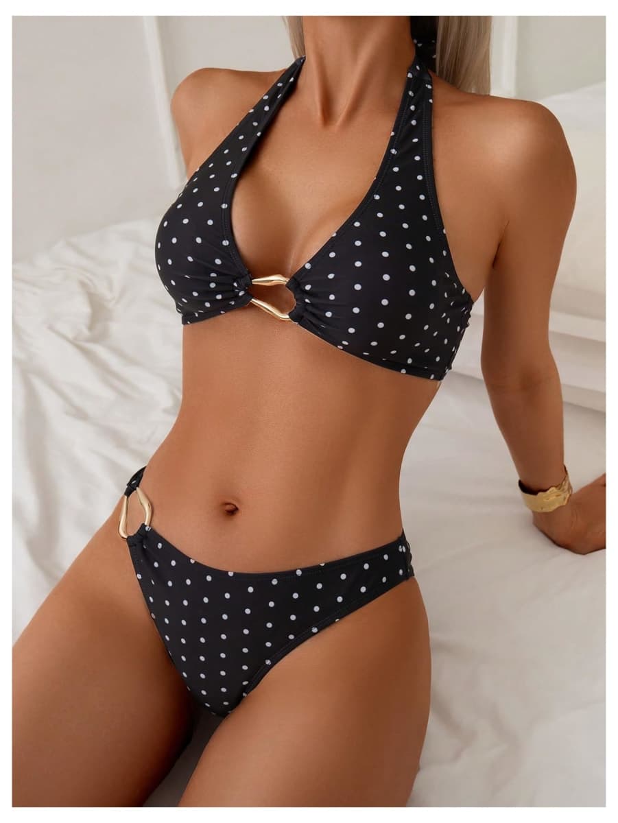 Milumia Women's Polka Dots Halter Bikini Sets Triangle Tie 2 Piece Swimsuit, Black and White, Medium thumbnail 3