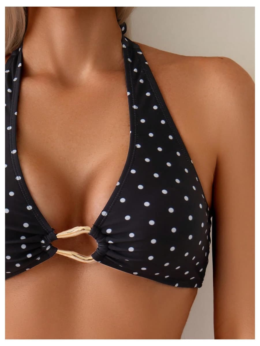 Milumia Women's Polka Dots Halter Bikini Sets Triangle Tie 2 Piece Swimsuit, Black and White, Medium thumbnail 5