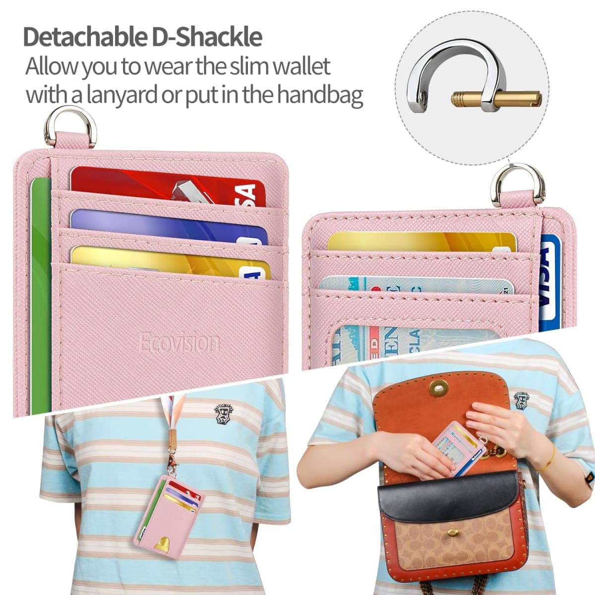 EcoVision Slim Minimalist Front Pocket Wallet, RFID Blocking Credit Card Holder Wallet with Detachable D-Shackle for Men Women (Saffiano Pink2) thumbnail 4