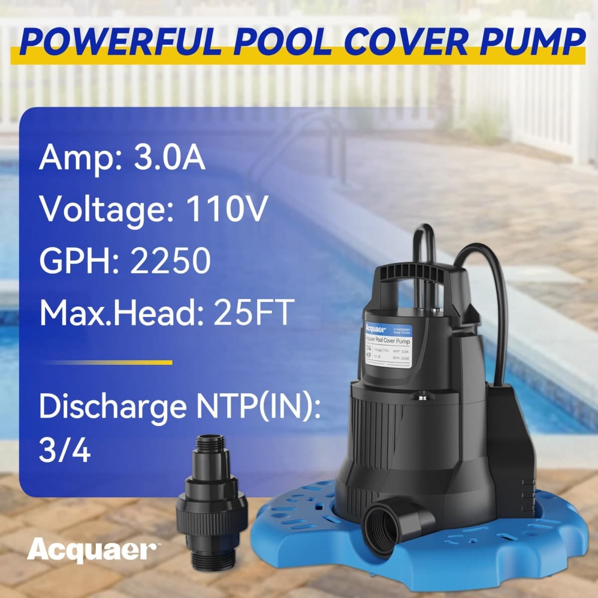 Acquaer 1/4 HP Automatic Swimming Pool Cover Pump, 115 V Submersible Pump with 3/4” Check Valve Adapter & 25ft Power Cord, 2250 GPH Water Removal for Pool, Hot Tubs, Rooftops, Water Beds and More thumbnail 2