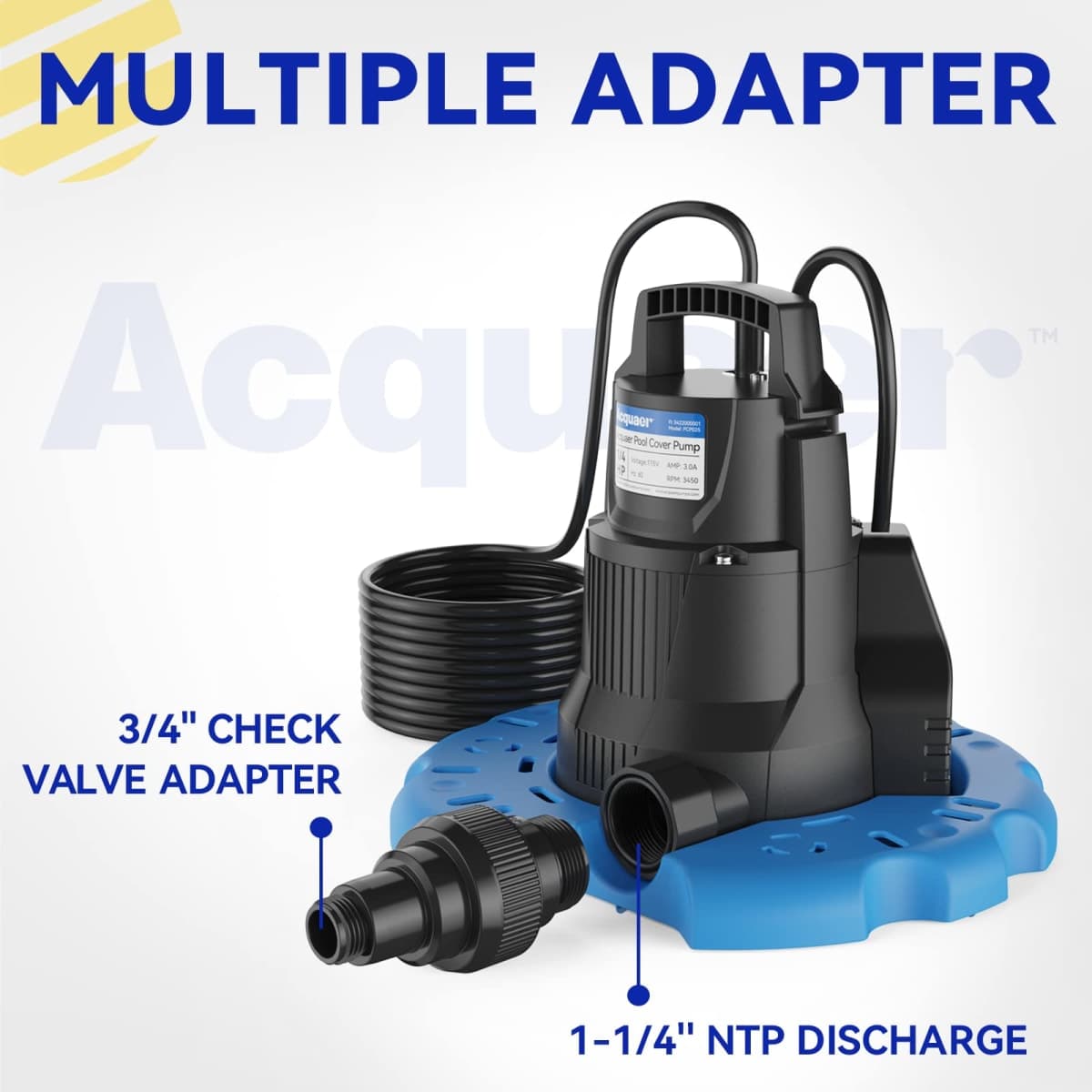 Acquaer 1/4 HP Automatic Swimming Pool Cover Pump, 115 V Submersible Pump with 3/4” Check Valve Adapter & 25ft Power Cord, 2250 GPH Water Removal for Pool, Hot Tubs, Rooftops, Water Beds and More thumbnail 4