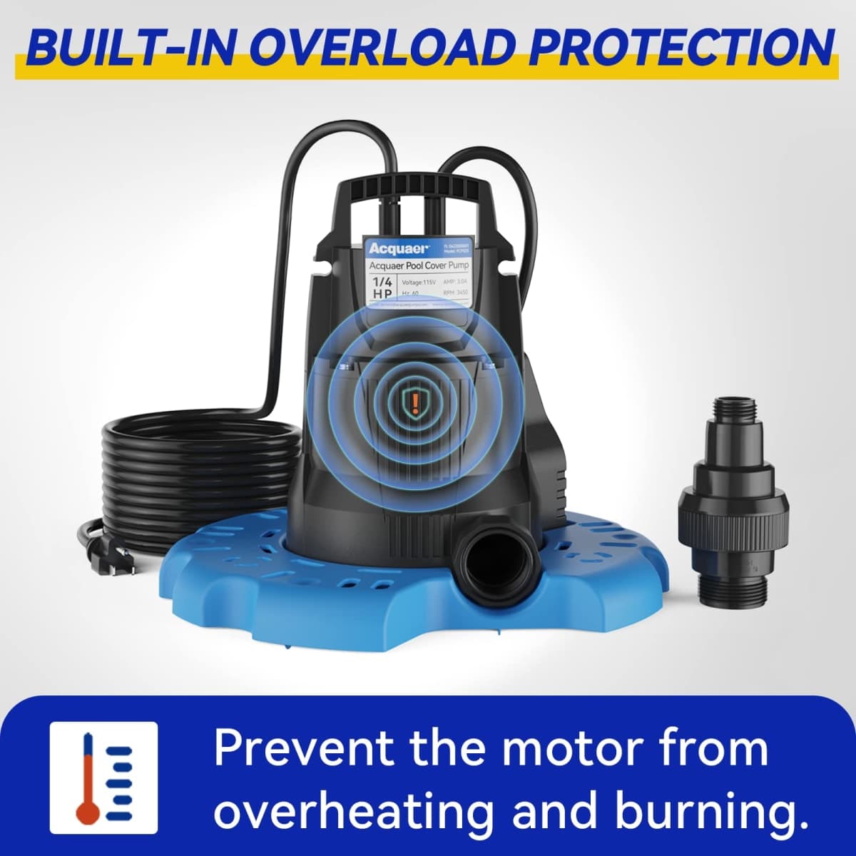 Acquaer 1/4 HP Automatic Swimming Pool Cover Pump, 115 V Submersible Pump with 3/4” Check Valve Adapter & 25ft Power Cord, 2250 GPH Water Removal for Pool, Hot Tubs, Rooftops, Water Beds and More thumbnail 5