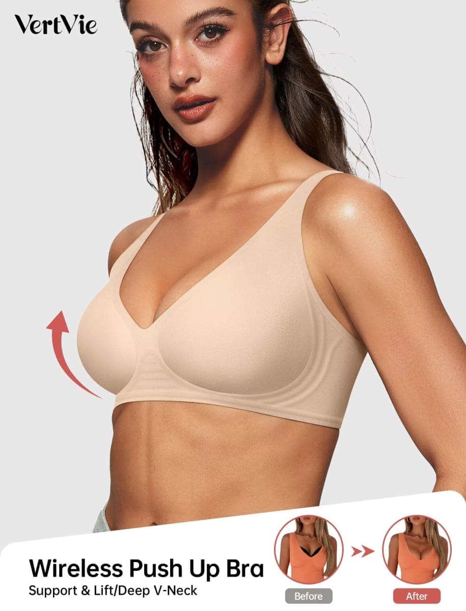 Vertvie Wireless Jelly Bras Push Up Plunge Seamless Supportive, Sand, Small Plus thumbnail 2