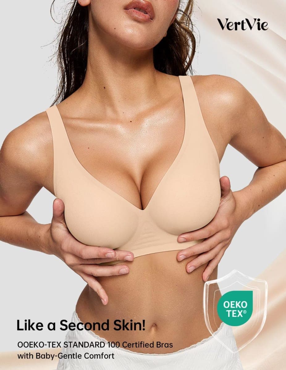 Vertvie Wireless Jelly Bras Push Up Plunge Seamless Supportive, Sand, Small Plus thumbnail 4