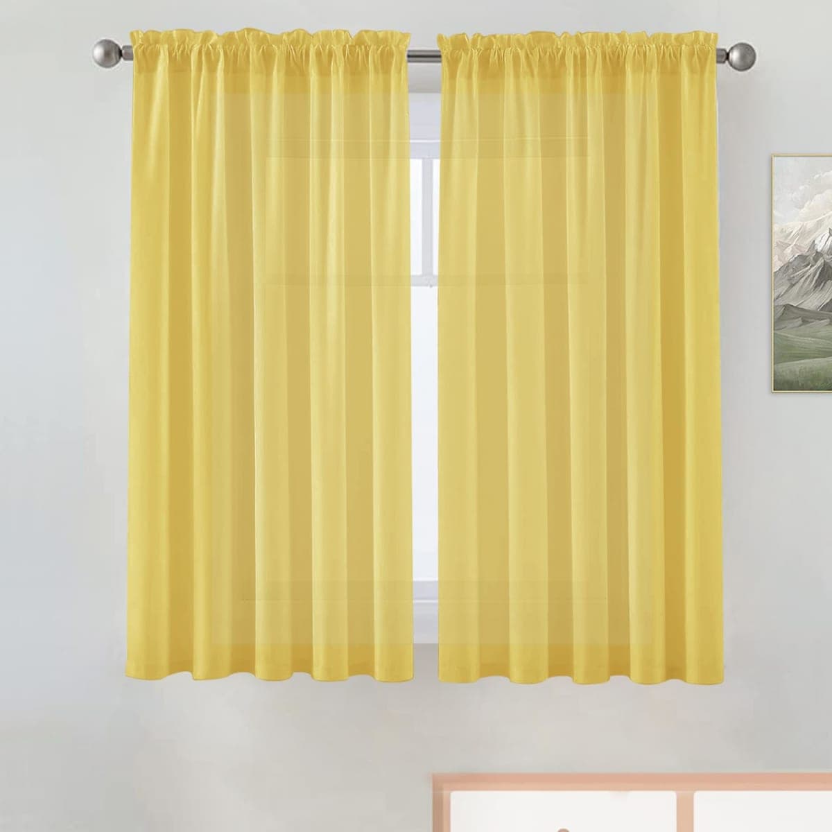 SpaceDresser Basic Rod Pocket Sheer Voile Window Curtain Panels Yellow 1 Pair 2 Panels 52 Width 36 Inch Long for Kitchen Bedroom Children Living Room Yard（Yellow, 52W x 36L） — image 1
