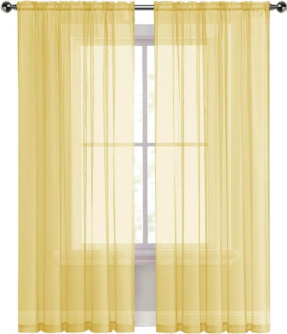 SpaceDresser Basic Rod Pocket Sheer Voile Window Curtain Panels Yellow 1 Pair 2 Panels 52 Width 36 Inch Long for Kitchen Bedroom Children Living Room Yard（Yellow, 52W x 36L） thumbnail 2