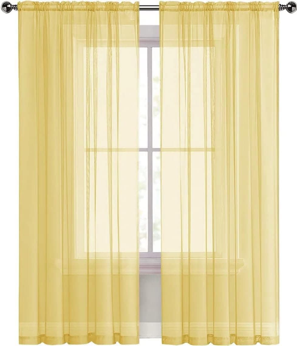 SpaceDresser Basic Rod Pocket Sheer Voile Window Curtain Panels Yellow 1 Pair 2 Panels 52 Width 36 Inch Long for Kitchen Bedroom Children Living Room Yard（Yellow, 52W x 36L） thumbnail 4