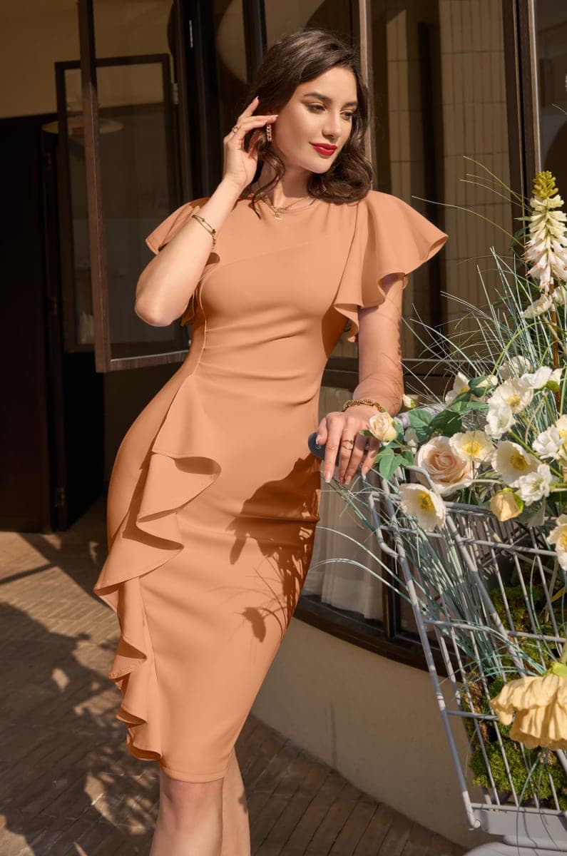 Memoriesea Women's Vintage Church Ruffle Sleeve Ruched Bodycon Work Midi Pencil Dress, Nude Pink, Medium thumbnail 4