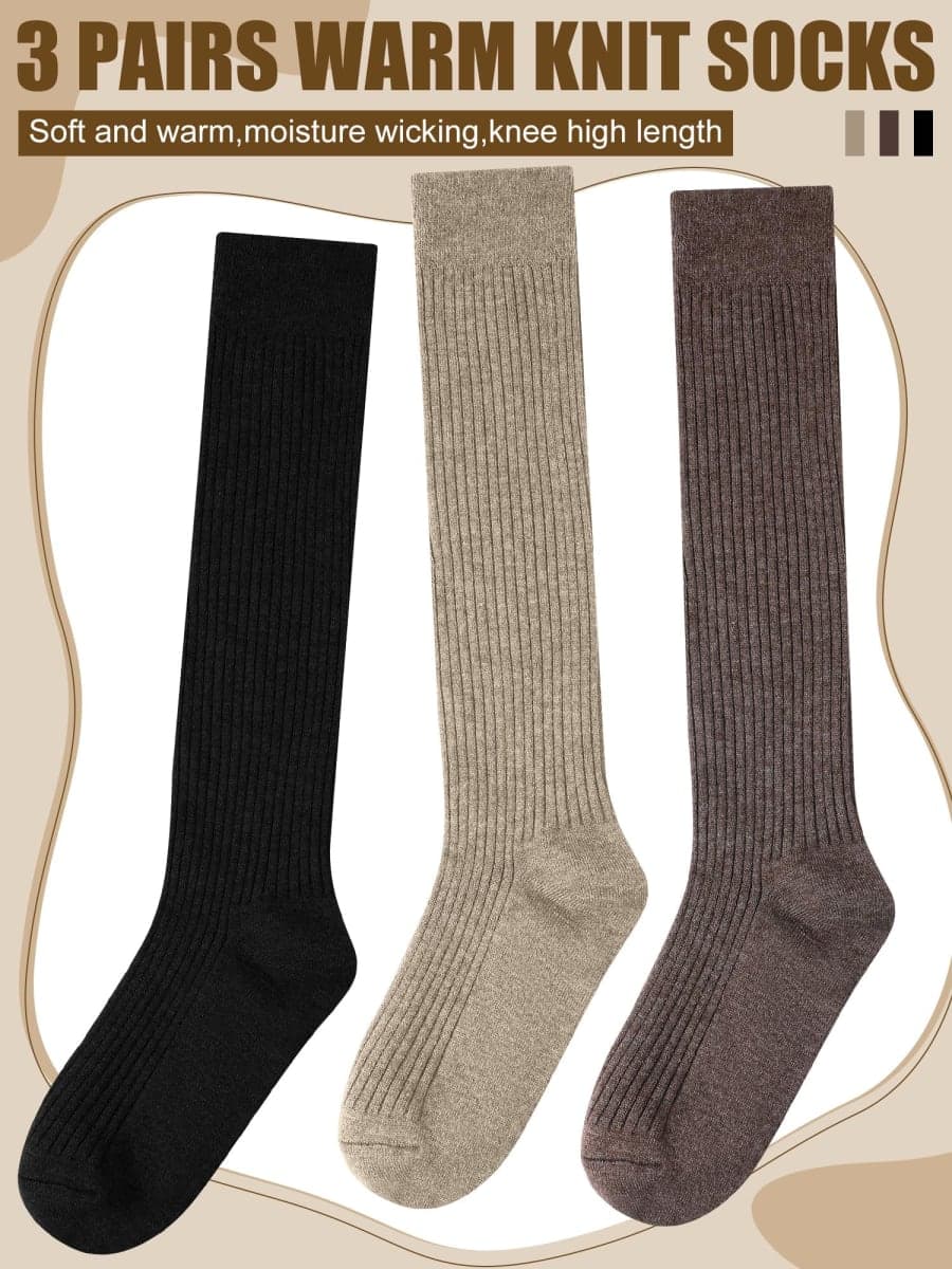 Shihanee 3 Pairs Women Cashmere Cotton Knee High Socks Long Ribbed Knit Slouchy Boot Socks Soft Warm for Women Girls, Dark, One Size thumbnail 3