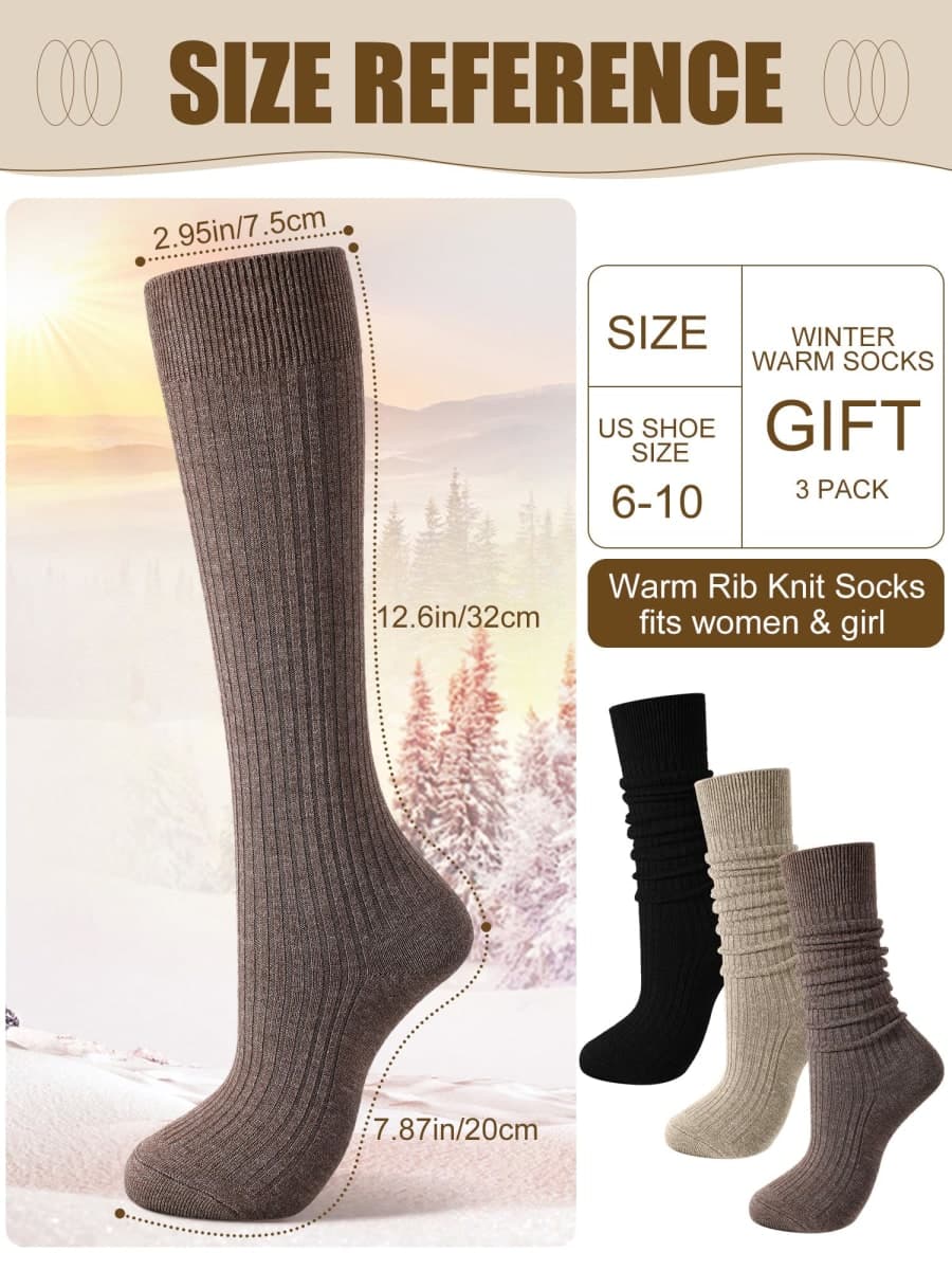 Shihanee 3 Pairs Women Cashmere Cotton Knee High Socks Long Ribbed Knit Slouchy Boot Socks Soft Warm for Women Girls, Dark, One Size thumbnail 4