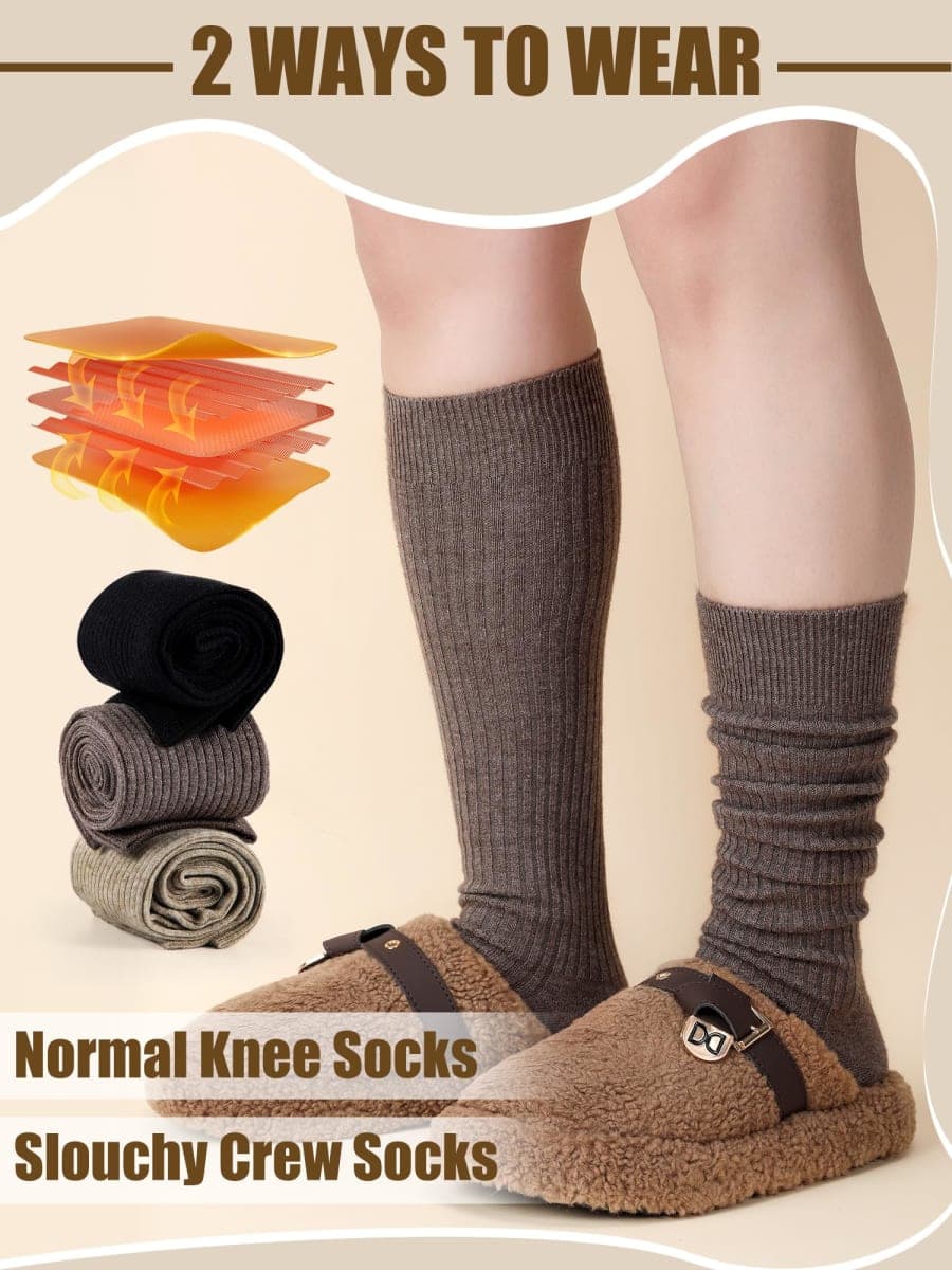 Shihanee 3 Pairs Women Cashmere Cotton Knee High Socks Long Ribbed Knit Slouchy Boot Socks Soft Warm for Women Girls, Dark, One Size thumbnail 5