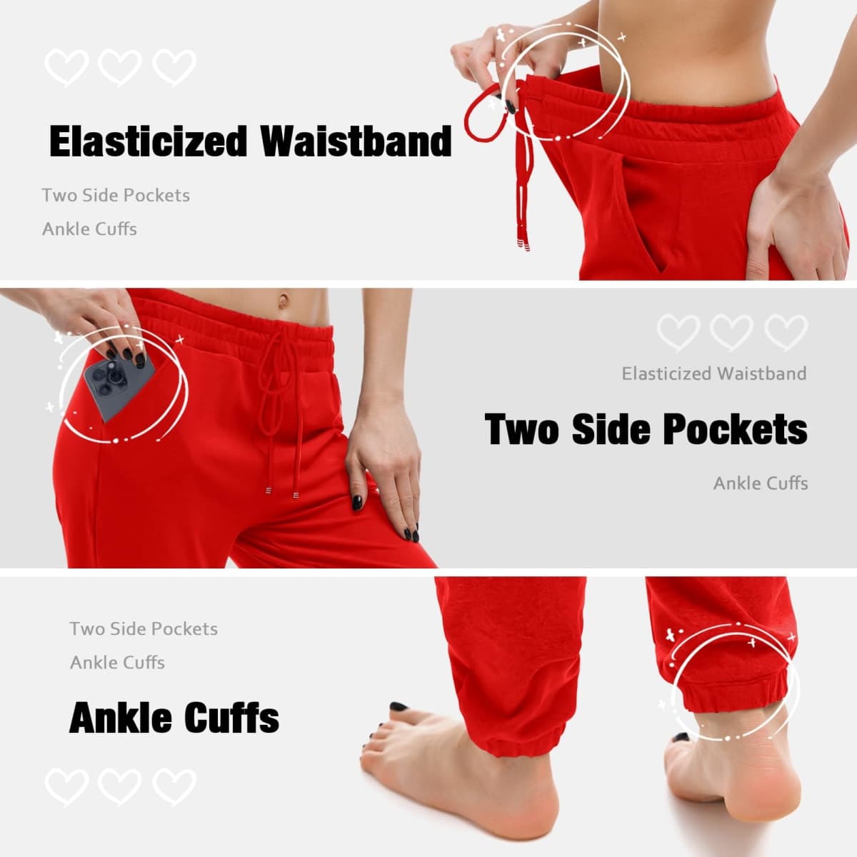 Walifrey Joggers with Pockets, Drawstring Sweatpants Women, Brightred, Medium thumbnail 5