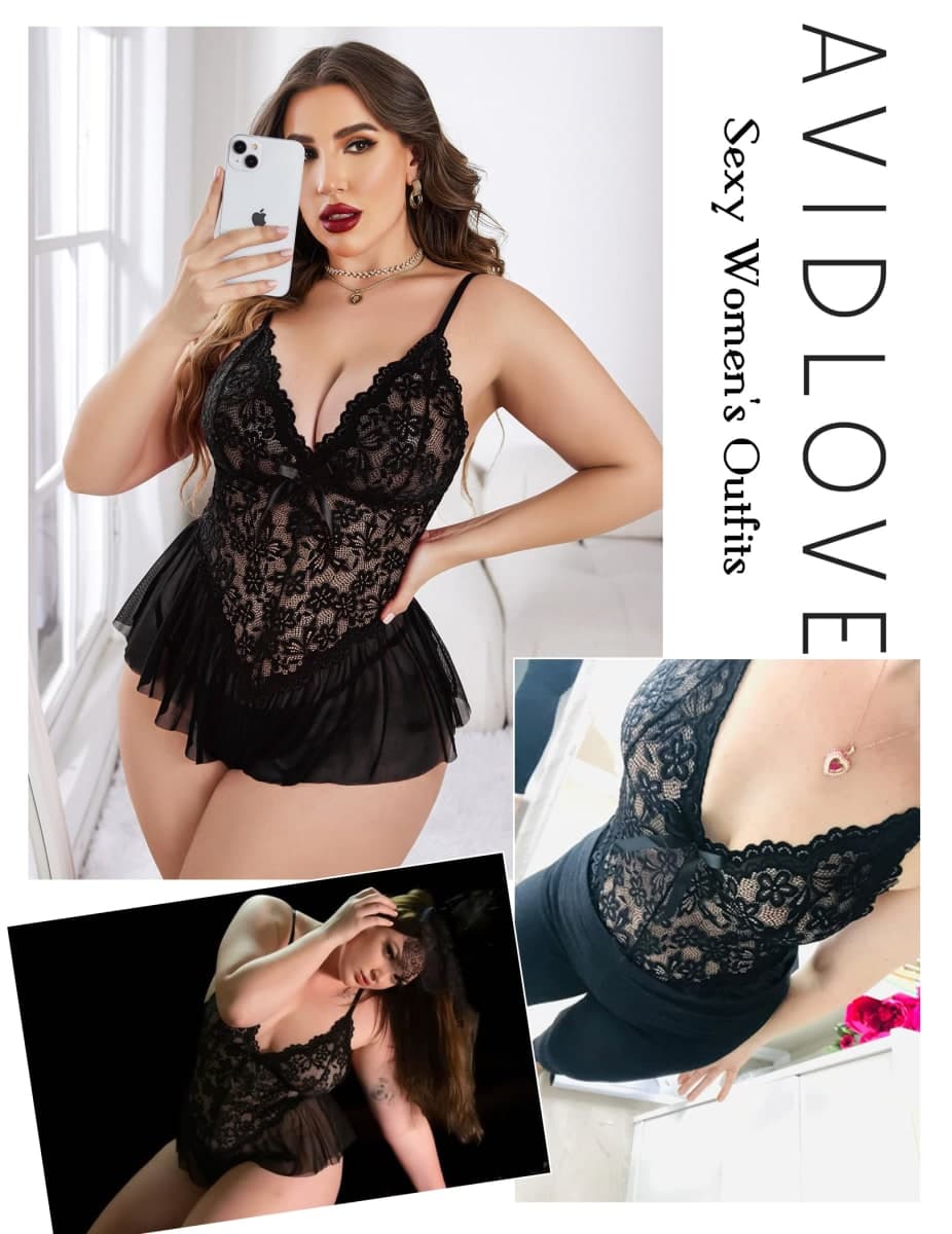 Avidlove Plus Size Women Lingerie Bodysuit Sexy Lace Teddy One Piece Babydoll Chemise L-4XL, Black, 5X-Large thumbnail 2