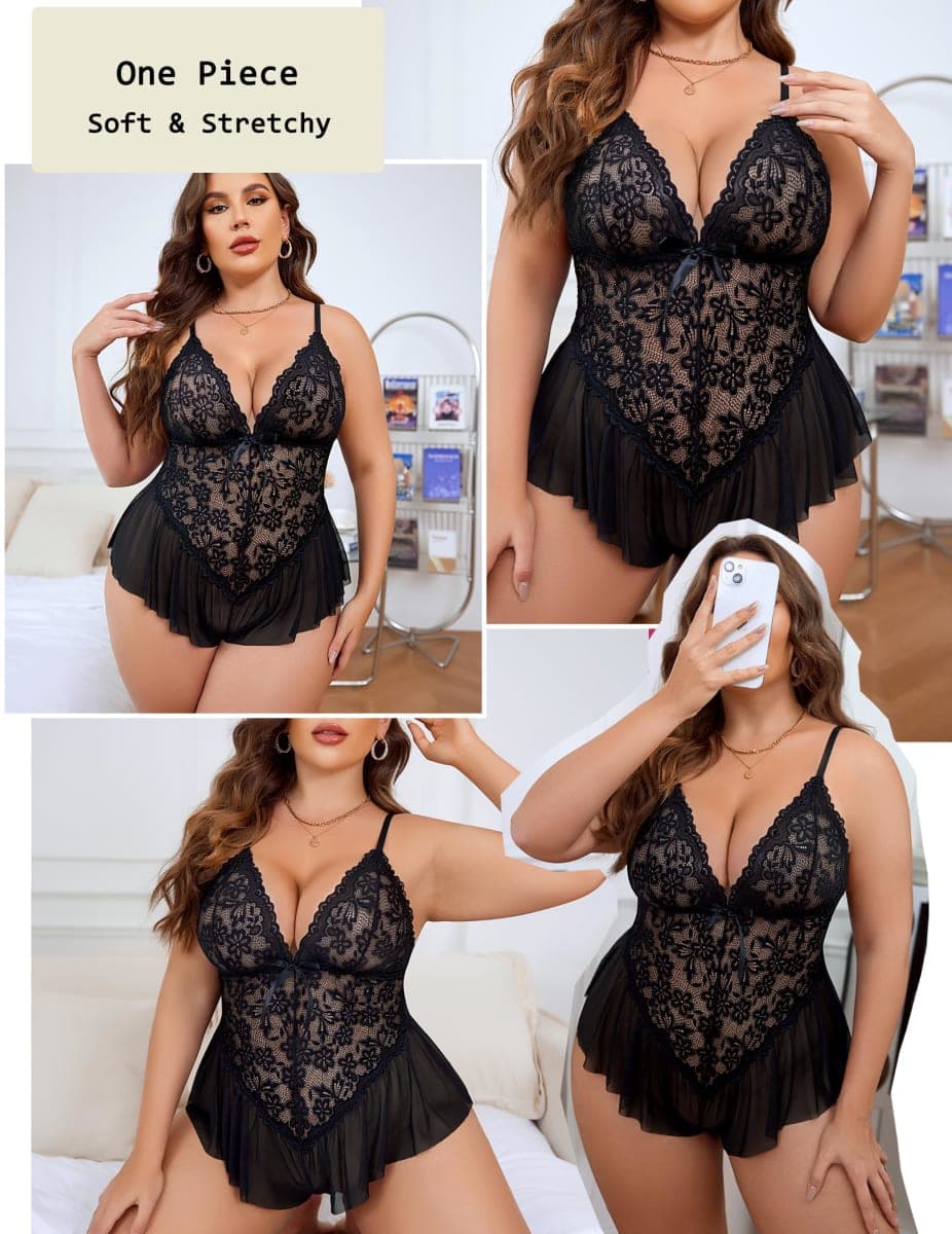 Avidlove Plus Size Women Lingerie Bodysuit Sexy Lace Teddy One Piece Babydoll Chemise L-4XL, Black, 5X-Large thumbnail 3
