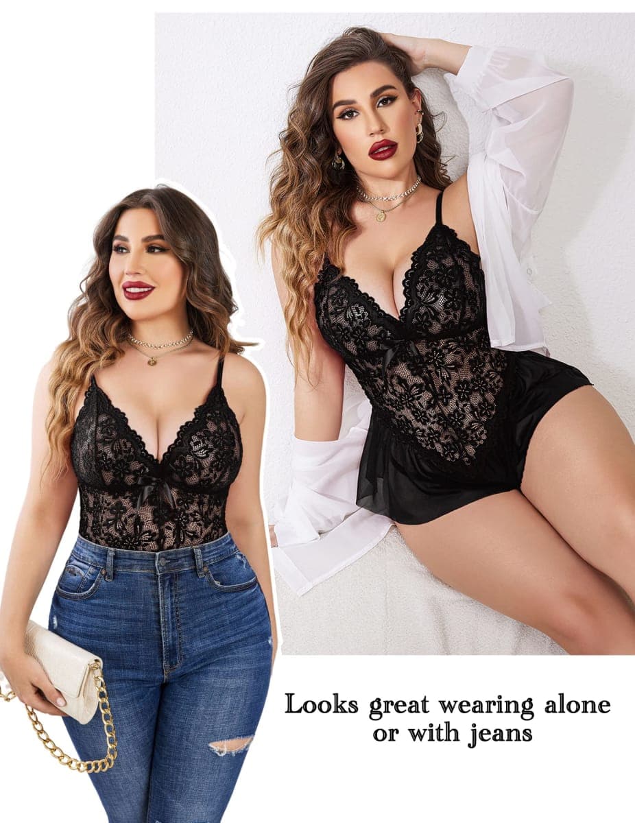 Avidlove Plus Size Women Lingerie Bodysuit Sexy Lace Teddy One Piece Babydoll Chemise L-4XL, Black, 5X-Large thumbnail 4