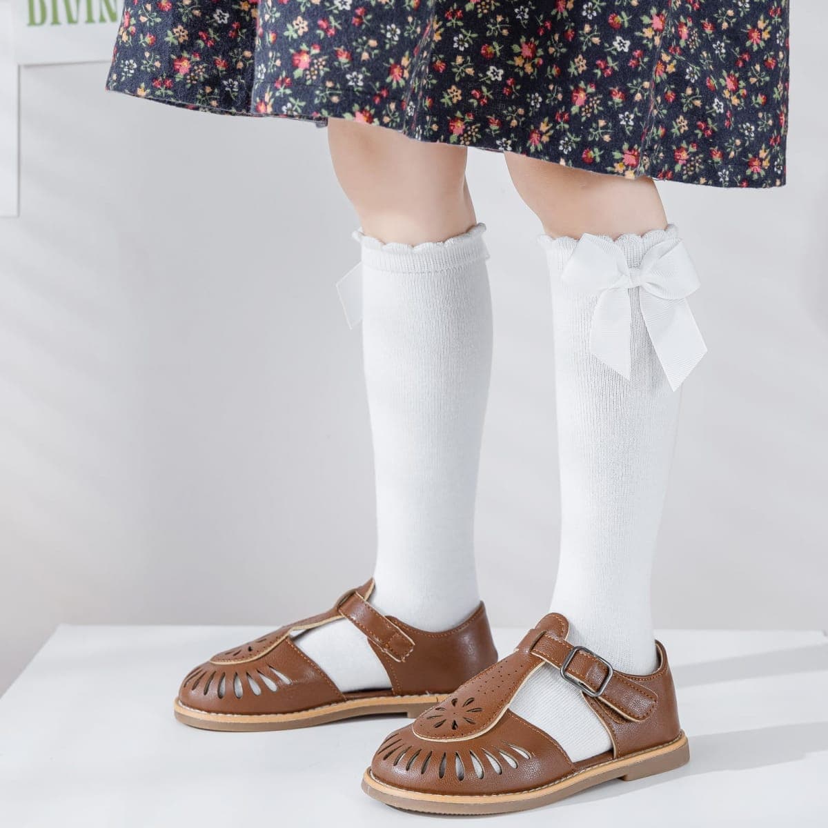 Baby Knee High Socks Toddler Long Socks Girls Bow Ruffled Knee Socks Cotton Tube Stockings Dress Socks, 2-4 Years (White, 2 Pairs) thumbnail 2