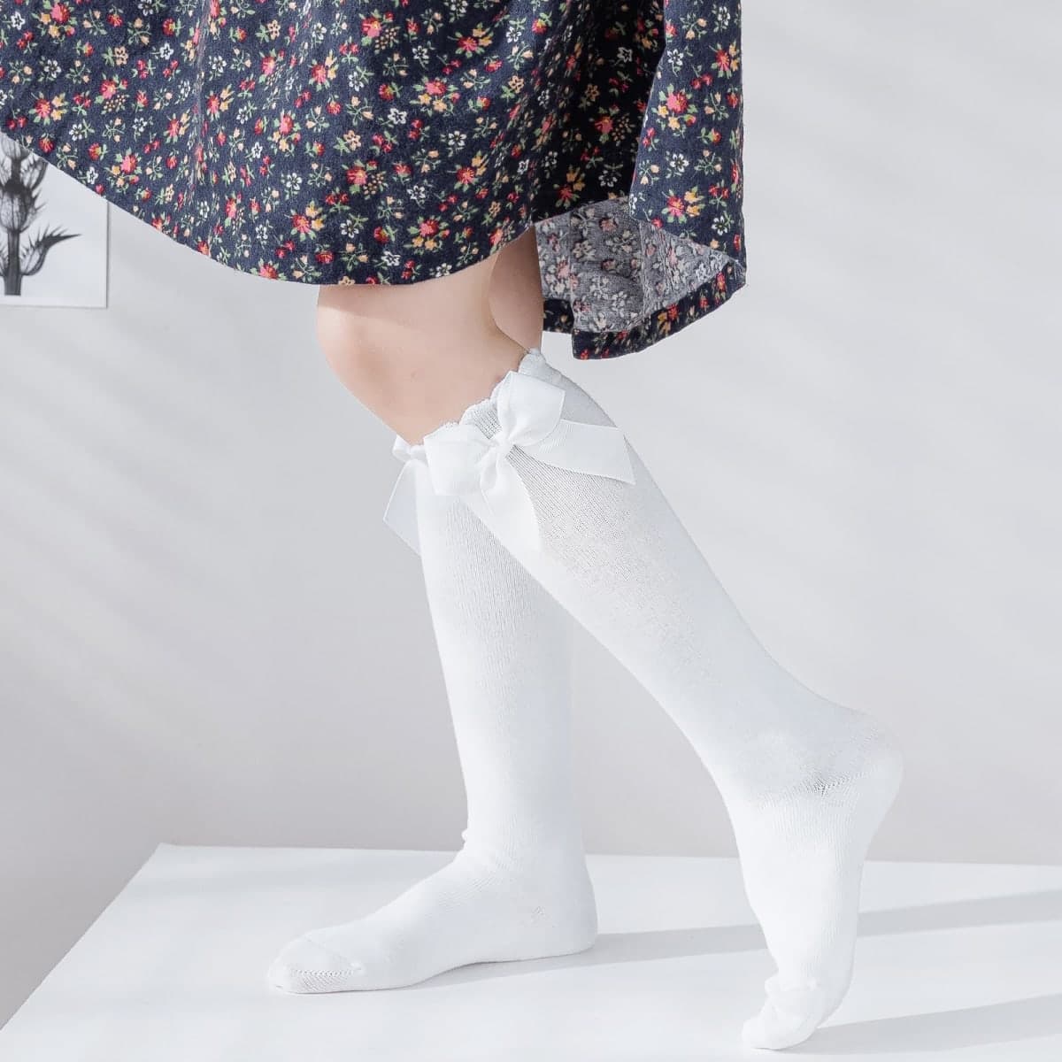 Baby Knee High Socks Toddler Long Socks Girls Bow Ruffled Knee Socks Cotton Tube Stockings Dress Socks, 2-4 Years (White, 2 Pairs) thumbnail 3