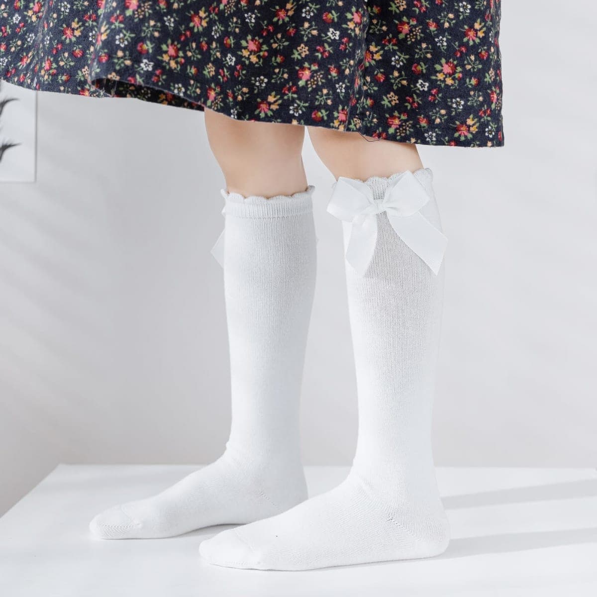 Baby Knee High Socks Toddler Long Socks Girls Bow Ruffled Knee Socks Cotton Tube Stockings Dress Socks, 2-4 Years (White, 2 Pairs) thumbnail 4