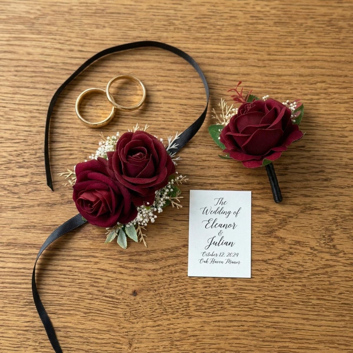 DESUNESS Burgundy Rose Corsage and Boutonniere Set with Baby's Breath for Wedding Flower Accessories Prom Suit Decorations thumbnail 2