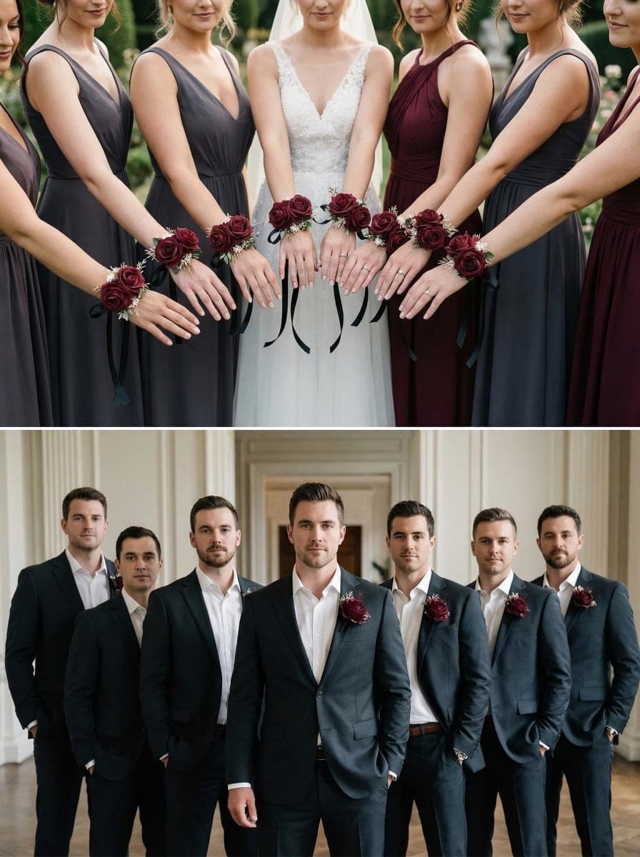 DESUNESS Burgundy Rose Corsage and Boutonniere Set with Baby's Breath for Wedding Flower Accessories Prom Suit Decorations thumbnail 4