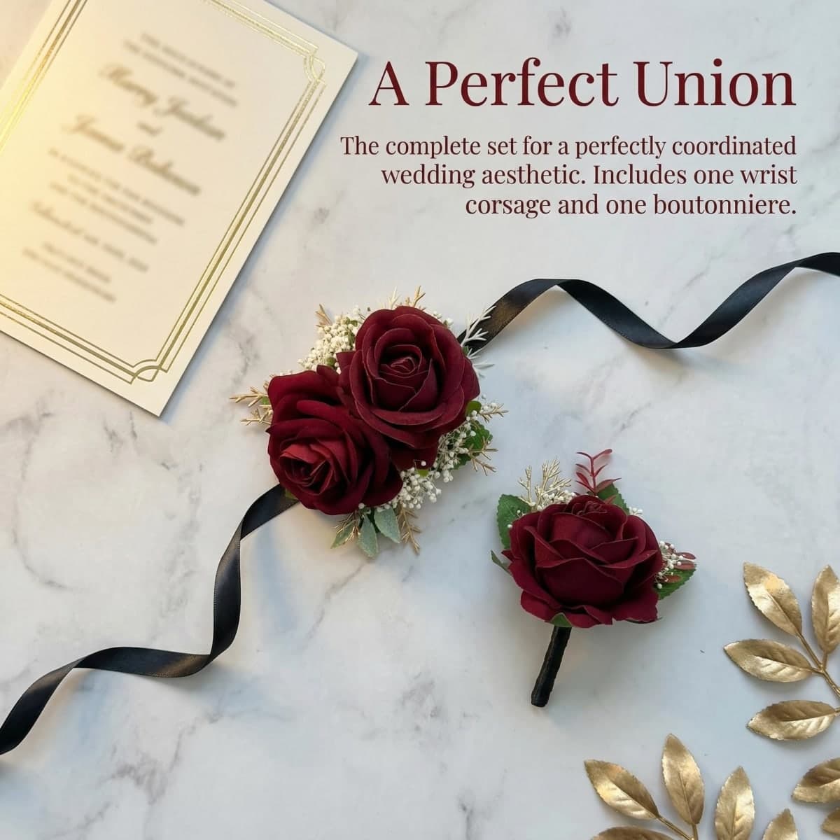 DESUNESS Burgundy Rose Corsage and Boutonniere Set with Baby's Breath for Wedding Flower Accessories Prom Suit Decorations thumbnail 5